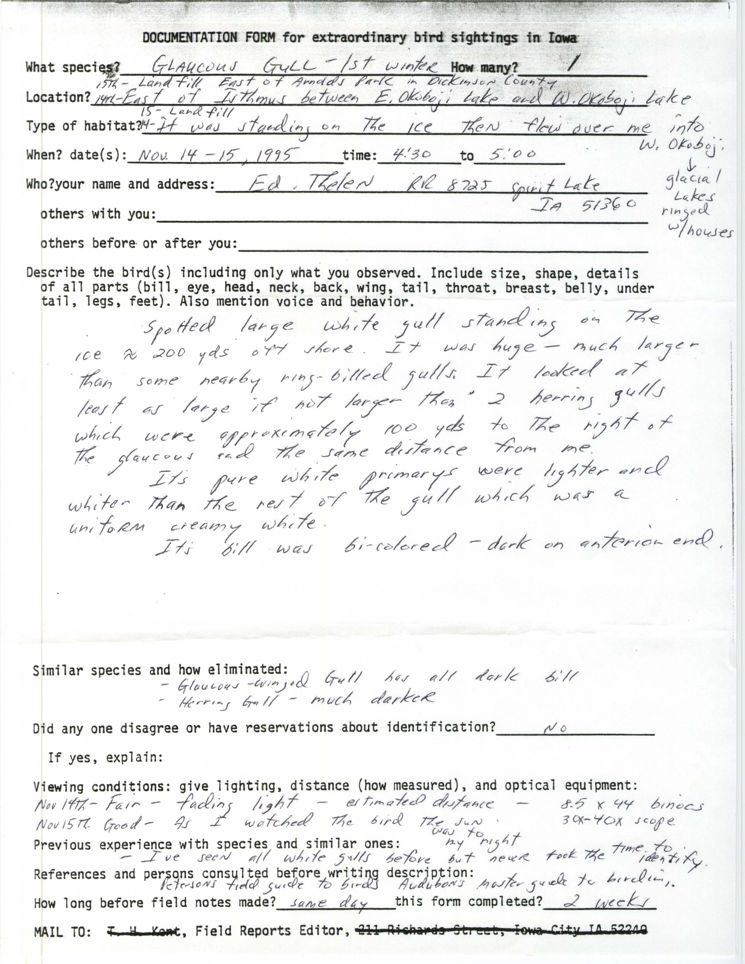 Rare bird documentation form for Glaucous Gull near Arnolds Park in Dickinson County in 1995