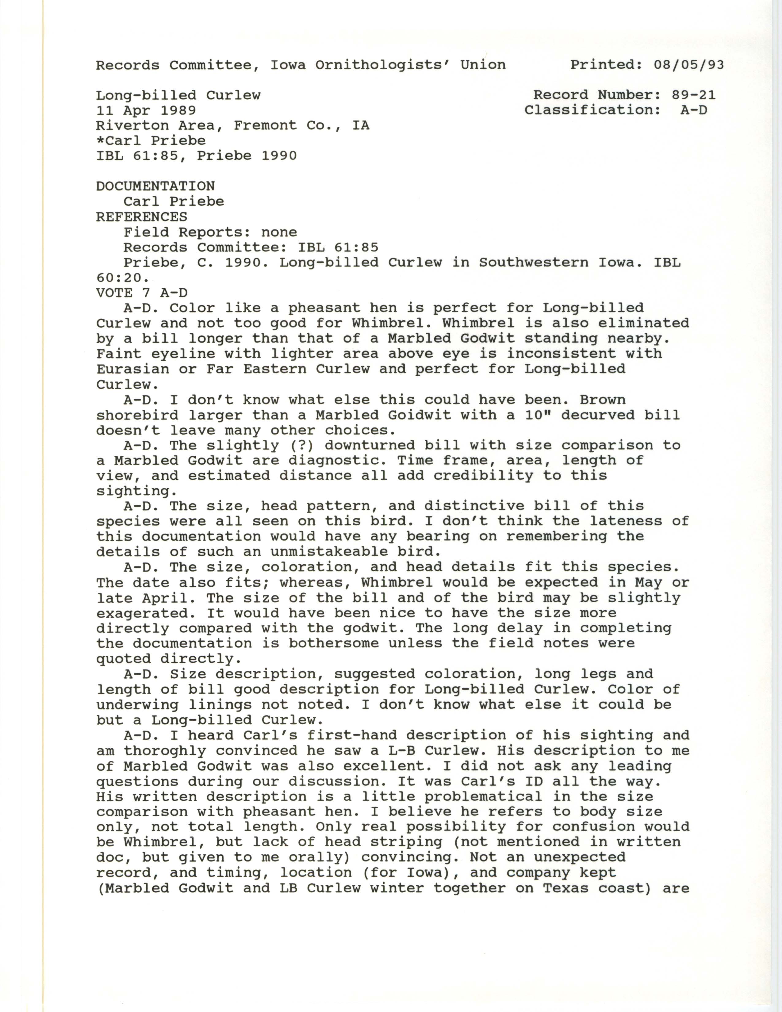 Records Committee review for rare bird sighting of Long-billed Curlew at Riverton Area, 1989