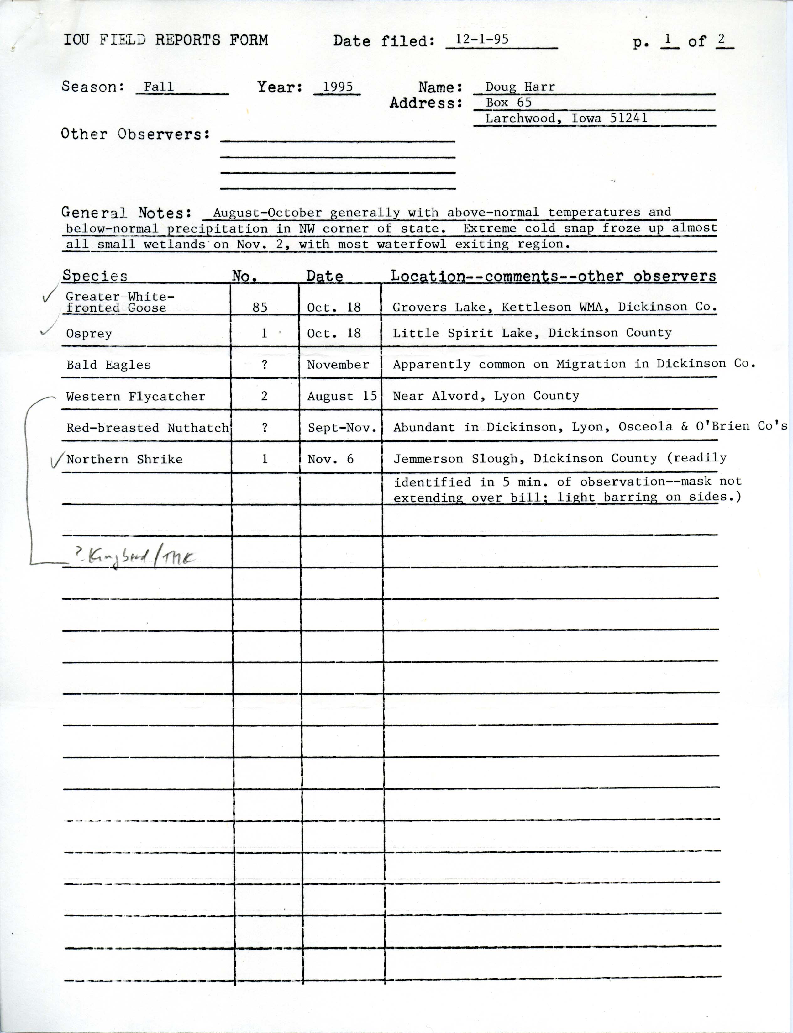 IOU field reports form, Douglas C. Harr, December 1, 1995