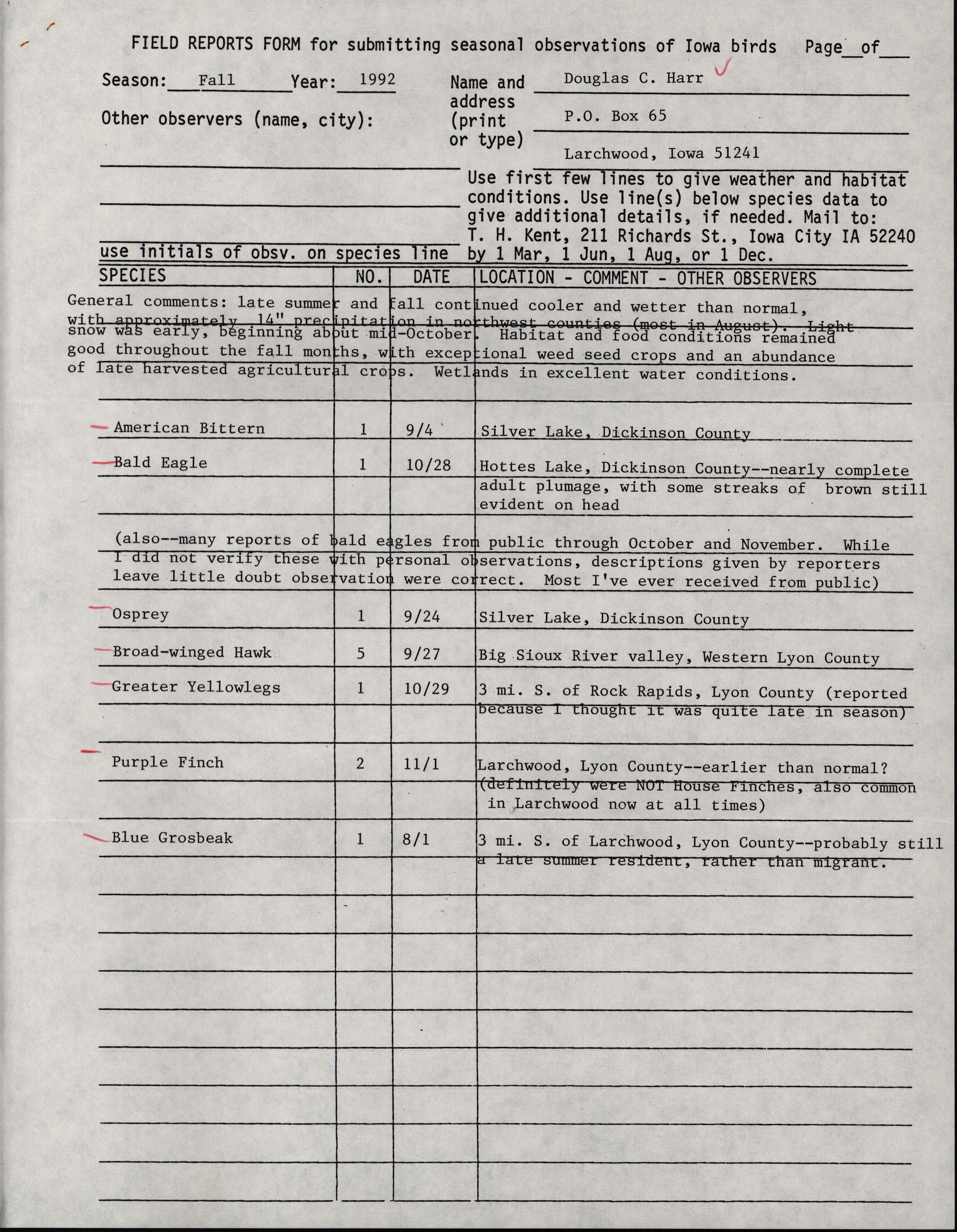Field reports form for submitting seasonal observations of Iowa birds, Douglas C. Harr, fall 1992