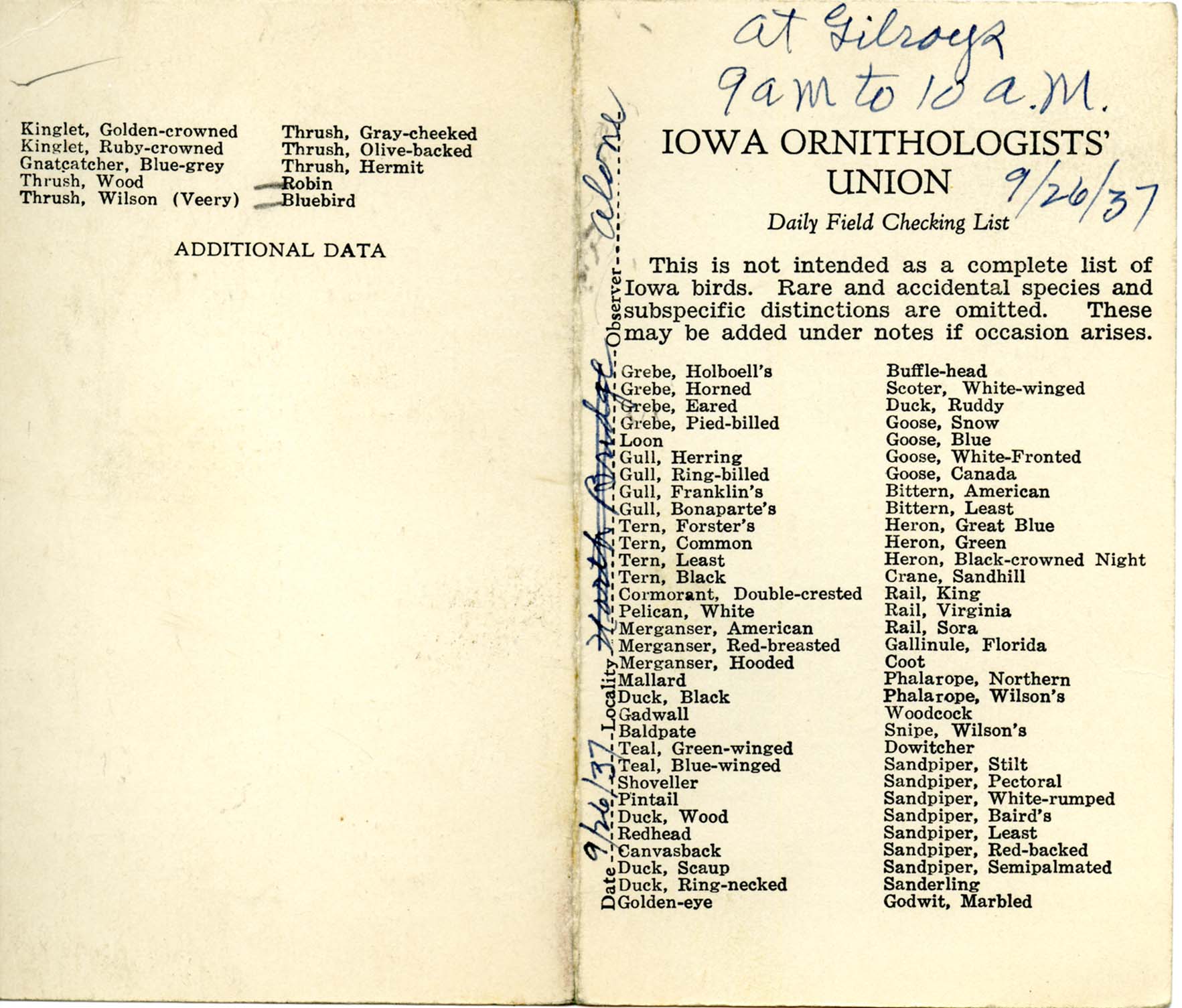 Daily field checking list by Walter Rosene, September 26, 1937
