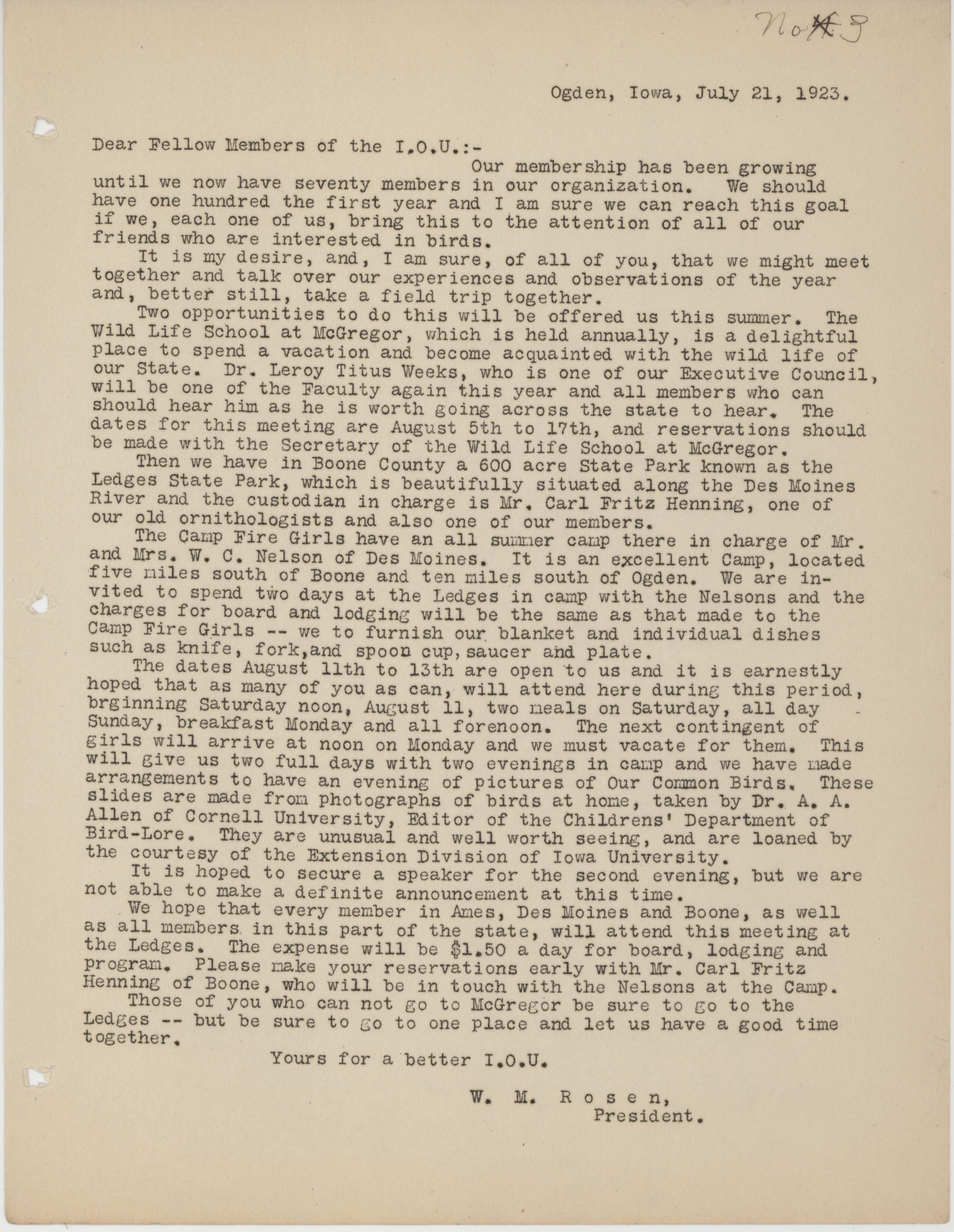 Letter to members of the Iowa Ornithologists' Union regarding a field trip, July 21, 1923 