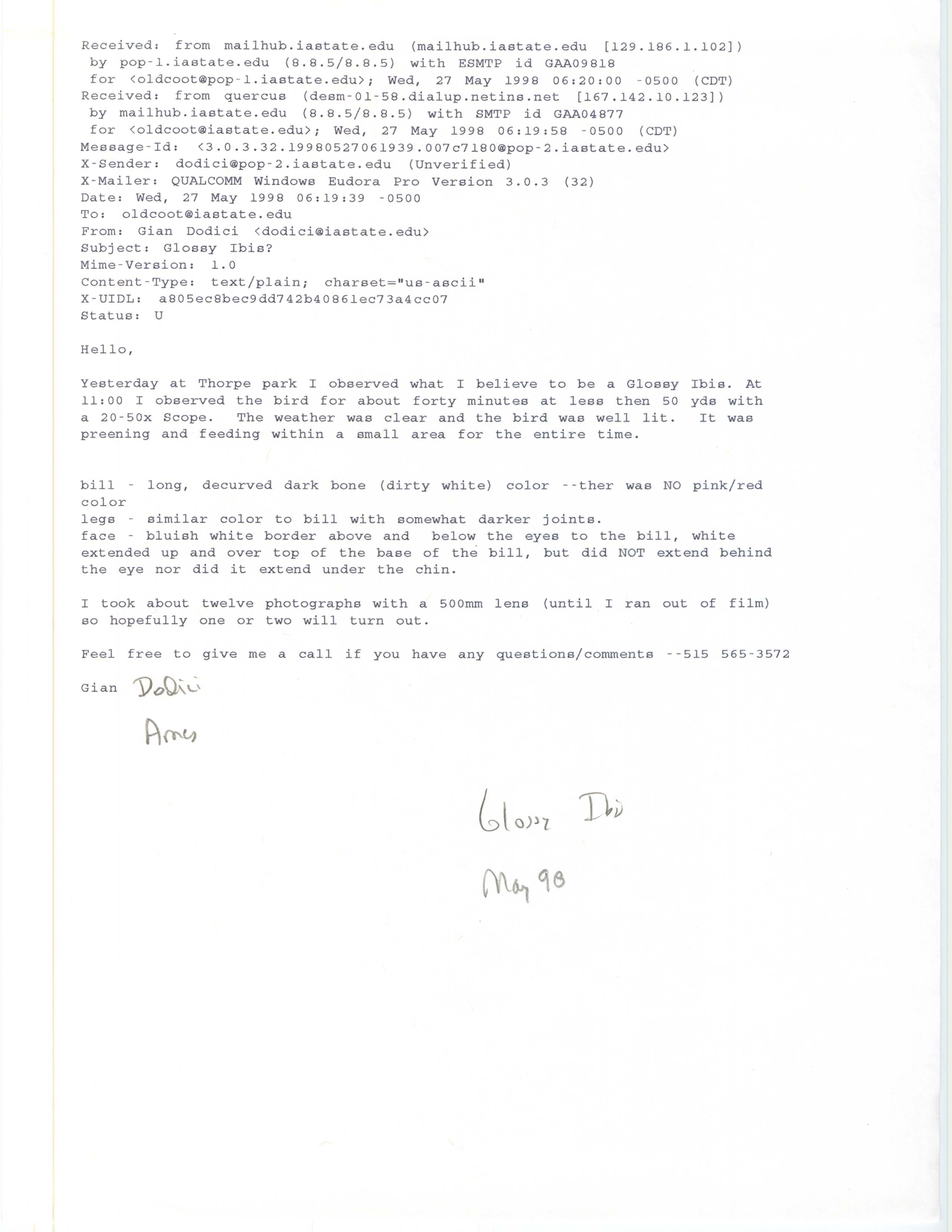 Gian Dodici email to Jim Dinsmore regarding Glossy Ibis sighting, May 27, 1998