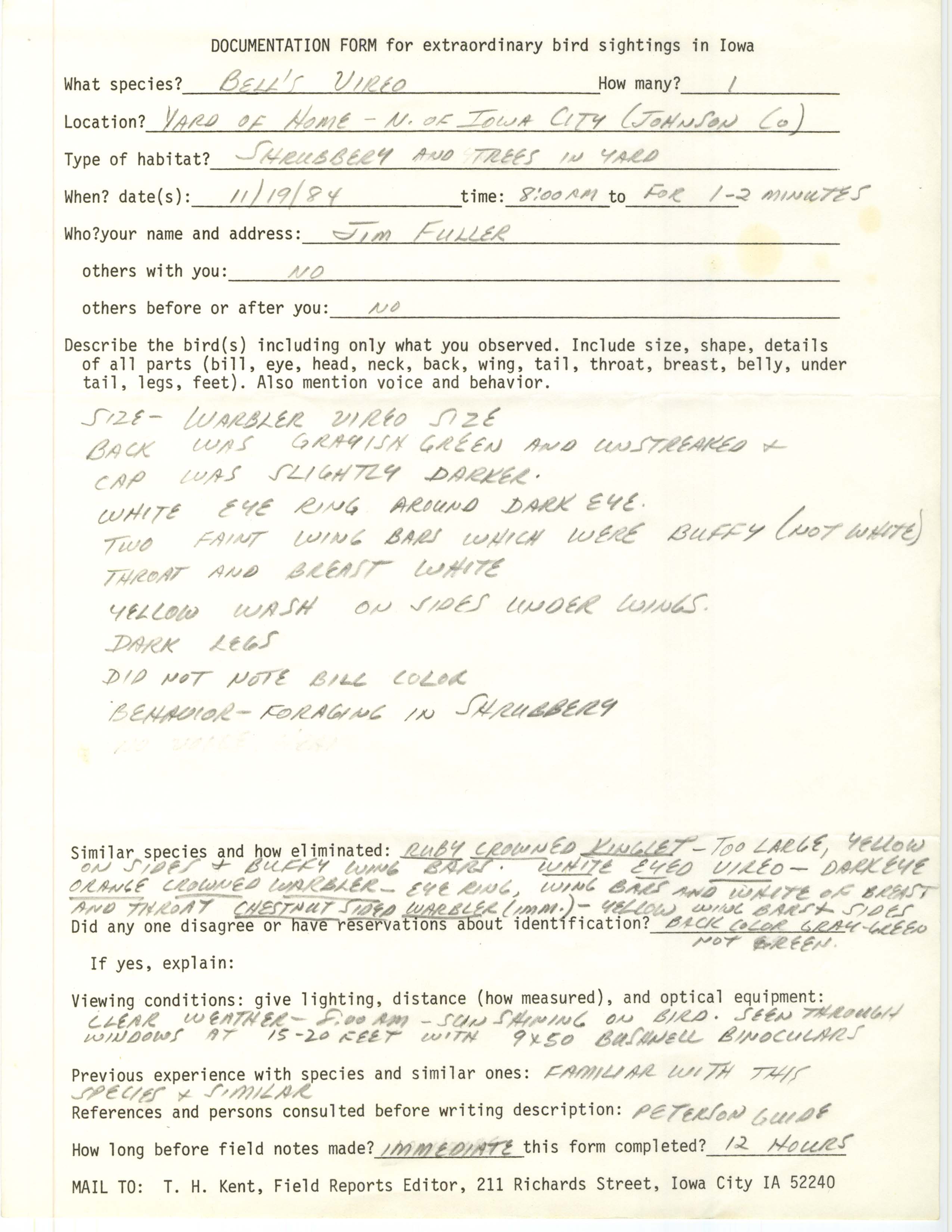 Rare bird documentation form for Bell's Vireo north of Iowa City, 1984