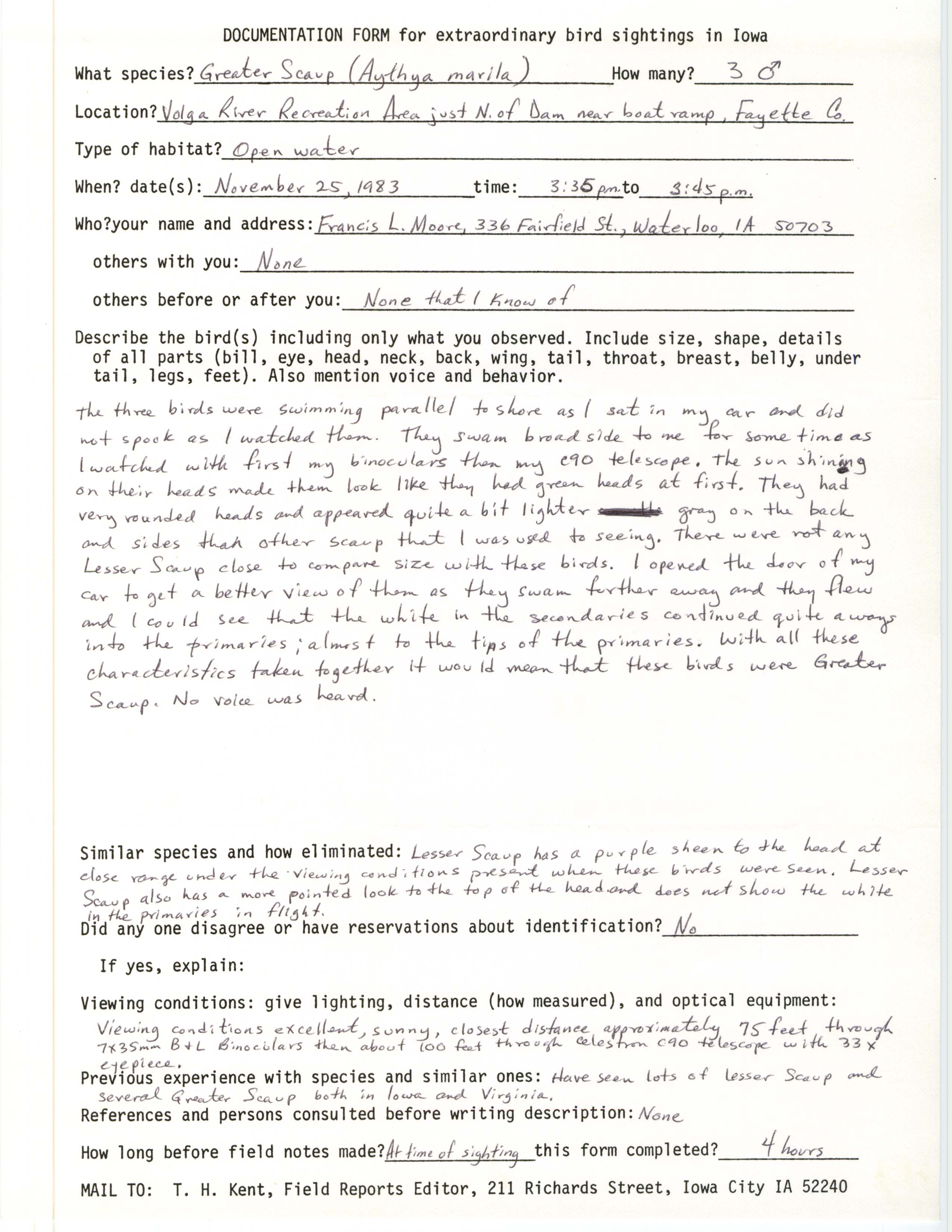 Rare bird documentation form for Greater Scaup at Volga River Recreation Area, 1983