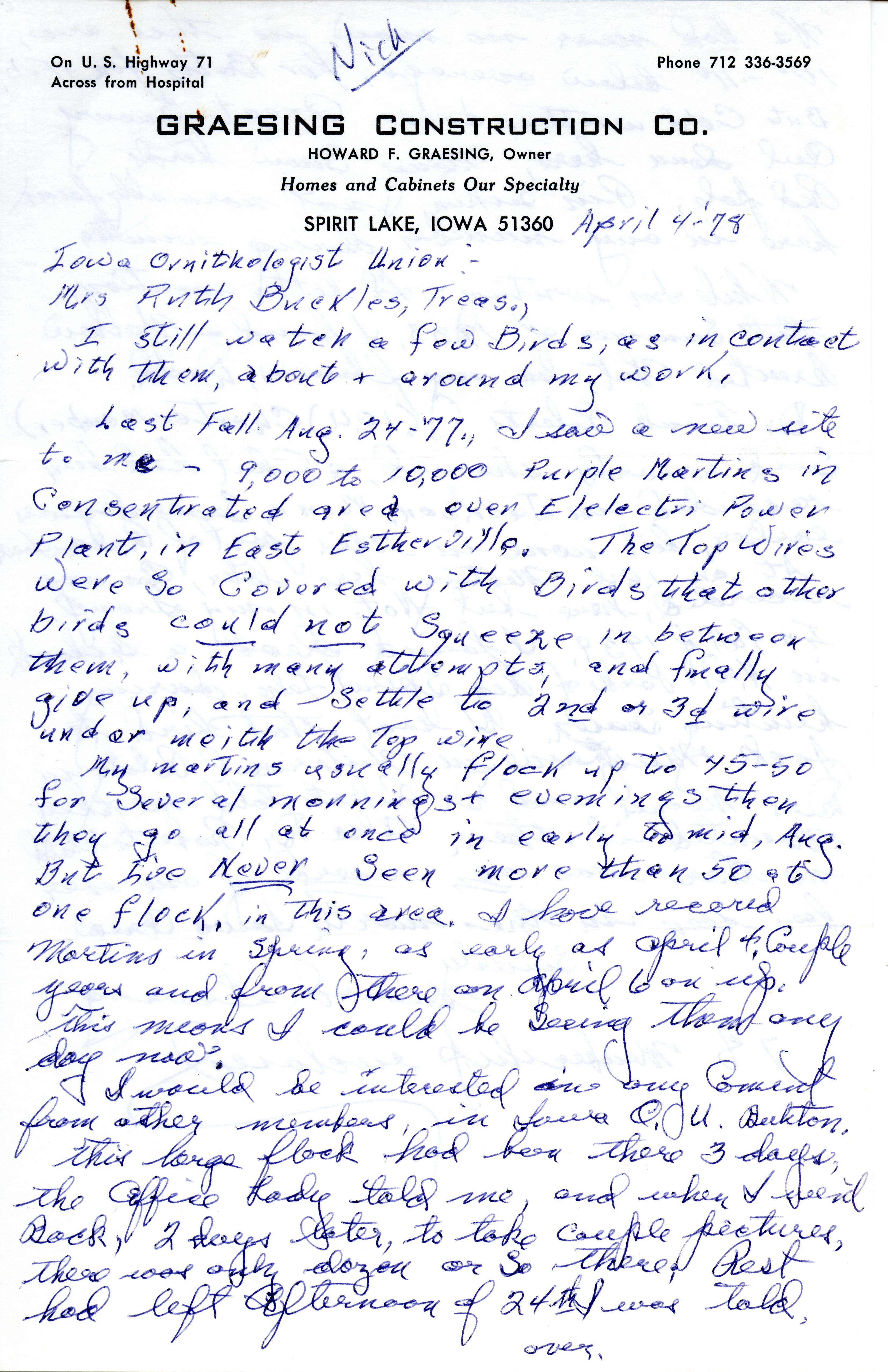 Howard Graesing letter to Ruth Buckles regarding bird sightings, April 4, 1978