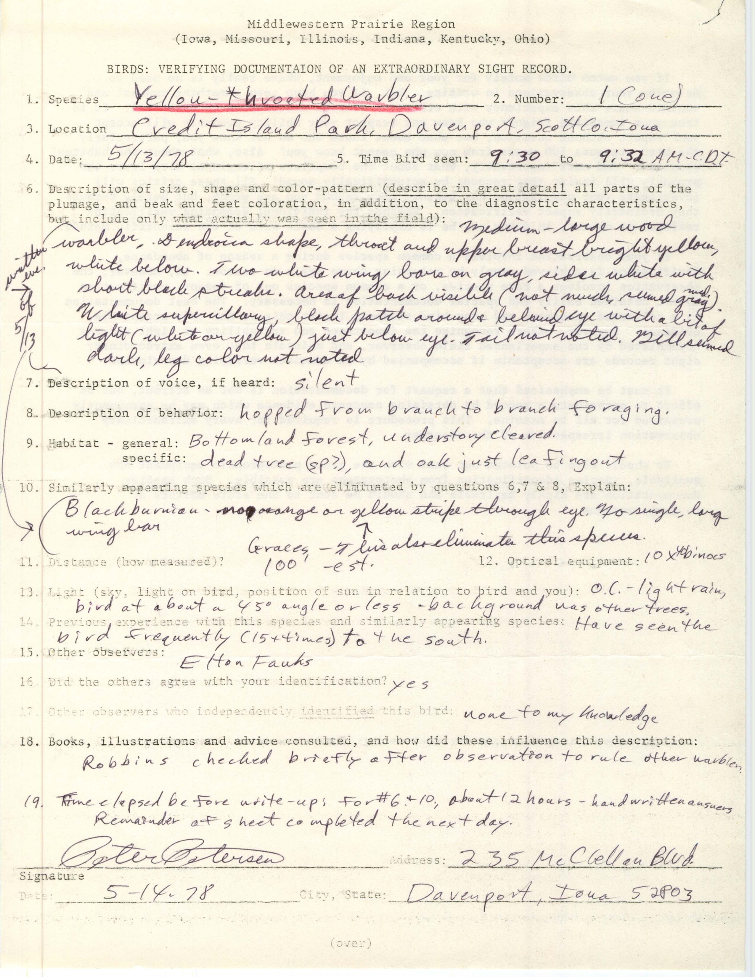 Rare bird documentation form for Yellow-throated Warbler at Credit Island Park in Davenport, 1978
