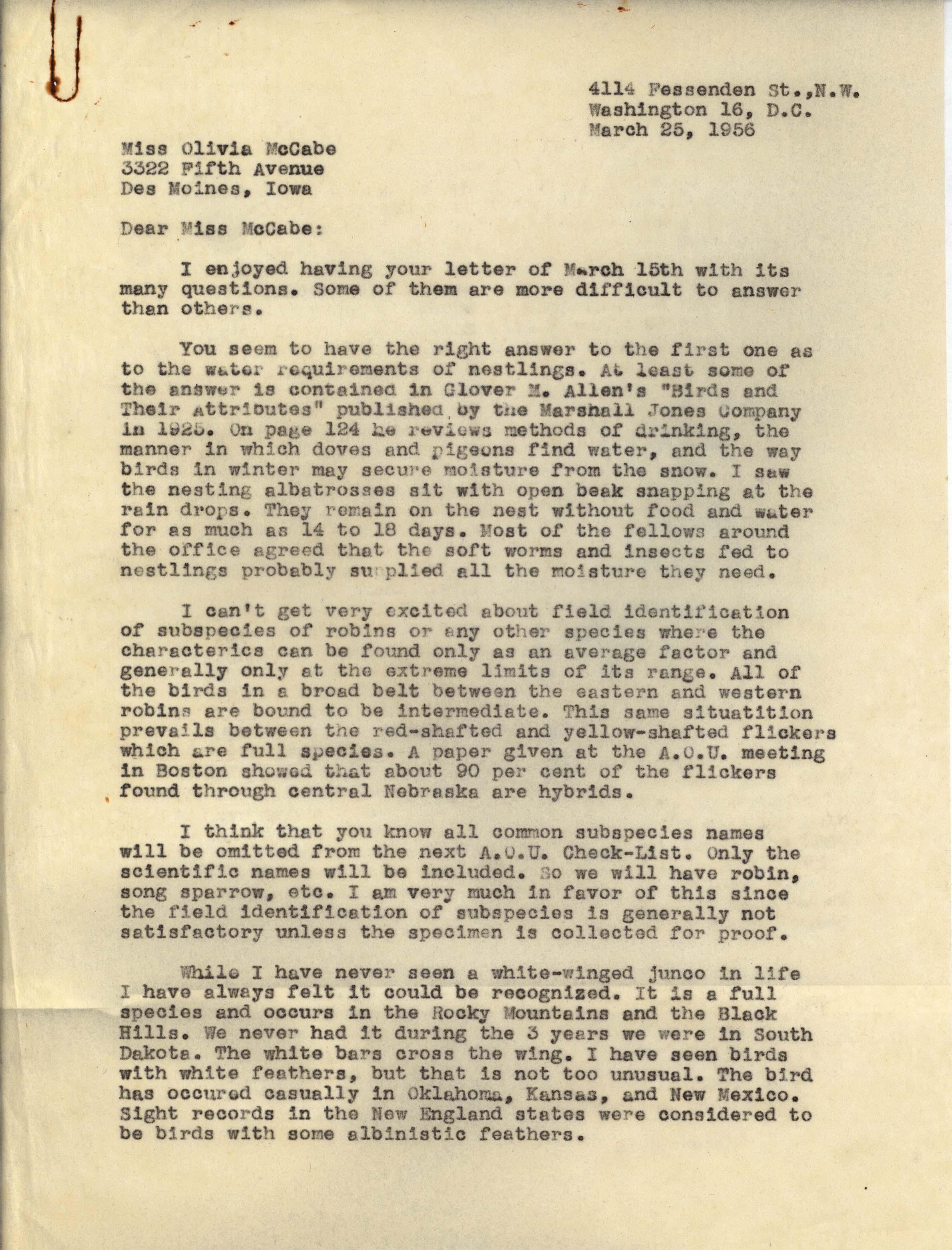 Philip DuMont letter to Olivia McCabe regarding bird hydration and field identifications, March 25, 1956