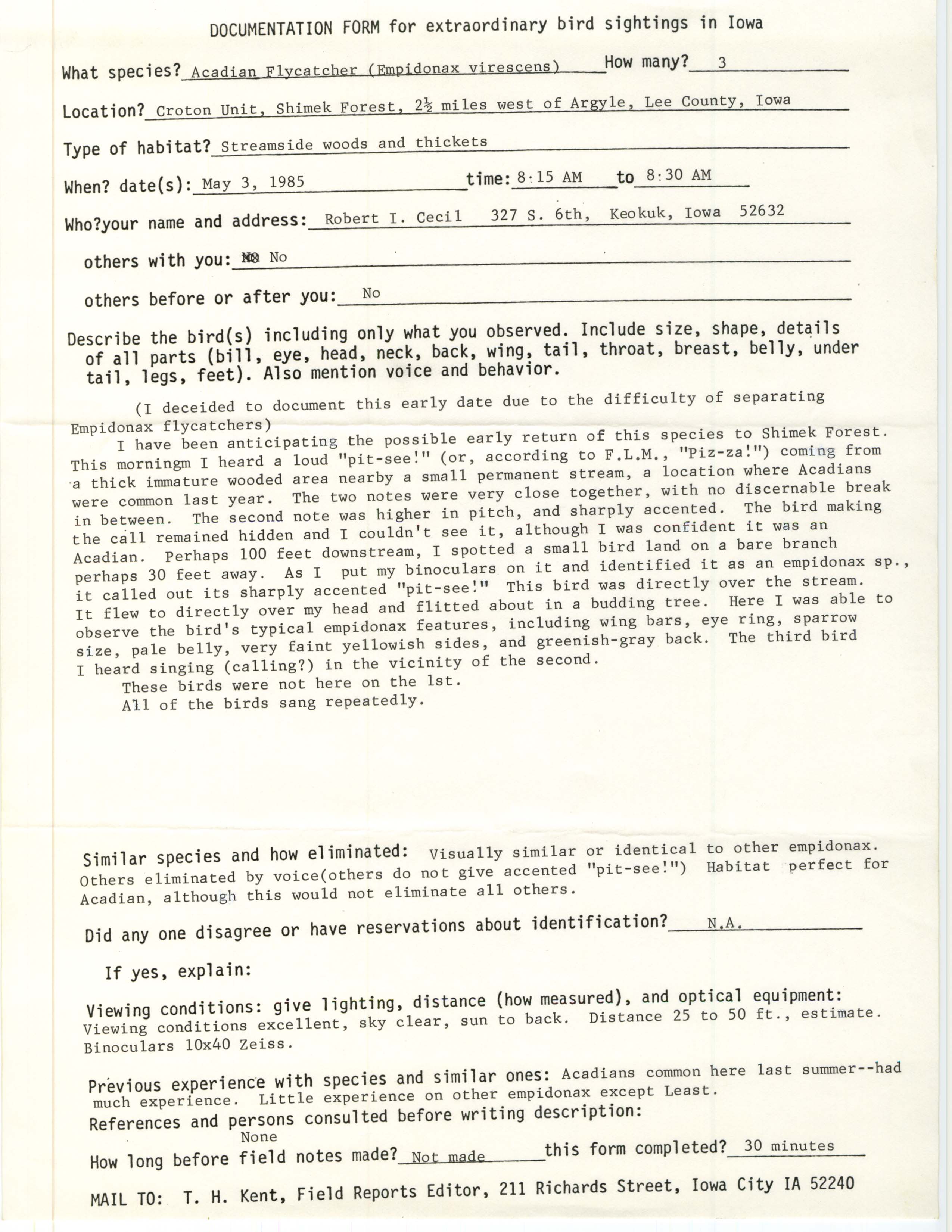 Rare bird documentation form for Acadian Flycatcher at Croton Unit in Shimek State Forest, 1985