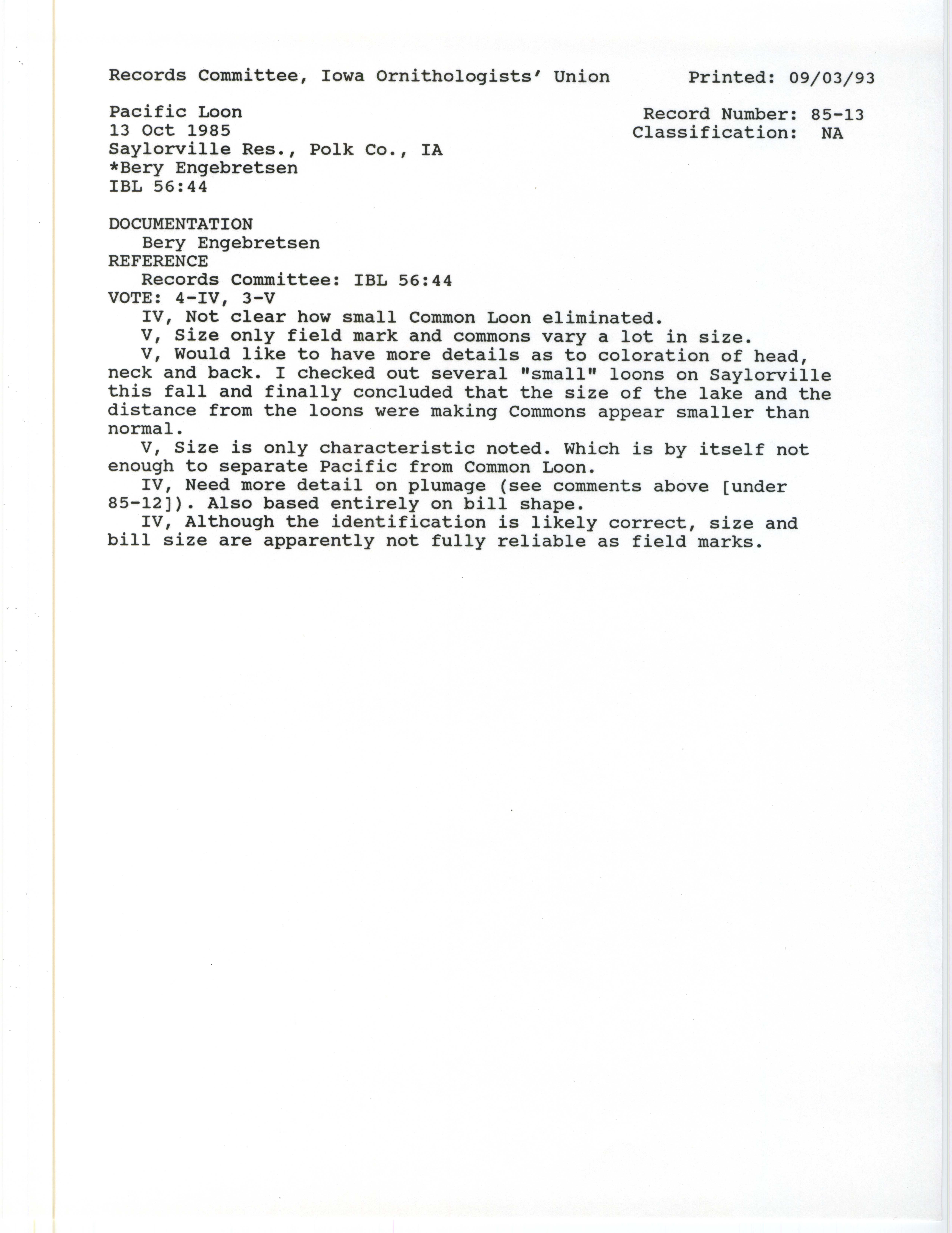 Records Committee review for rare bird sighting of Pacific Loon at Saylorville Reservoir, 1985