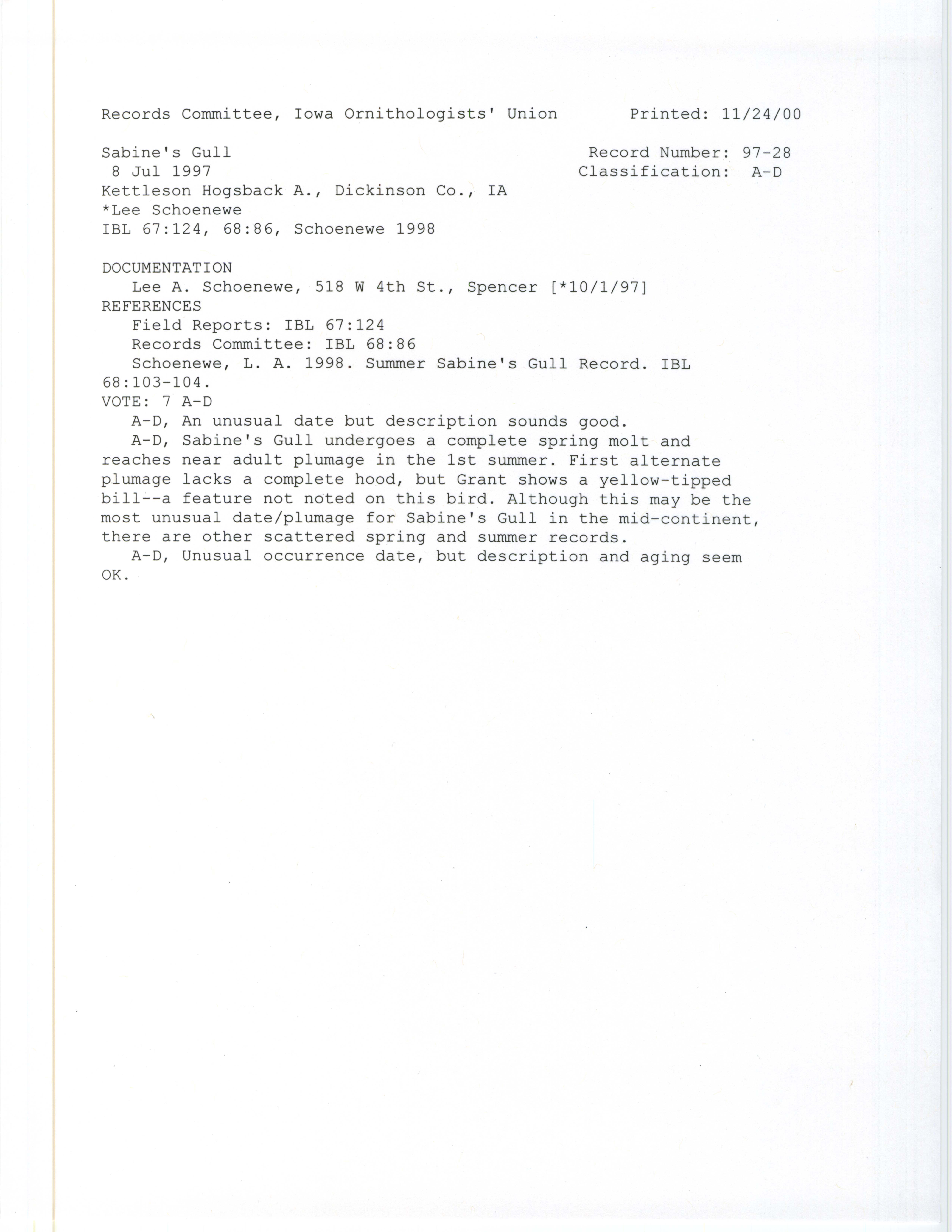 Records Committee review for rare bird sighting of Sabine's Gull at Kettleson Hogsback Area, 1997