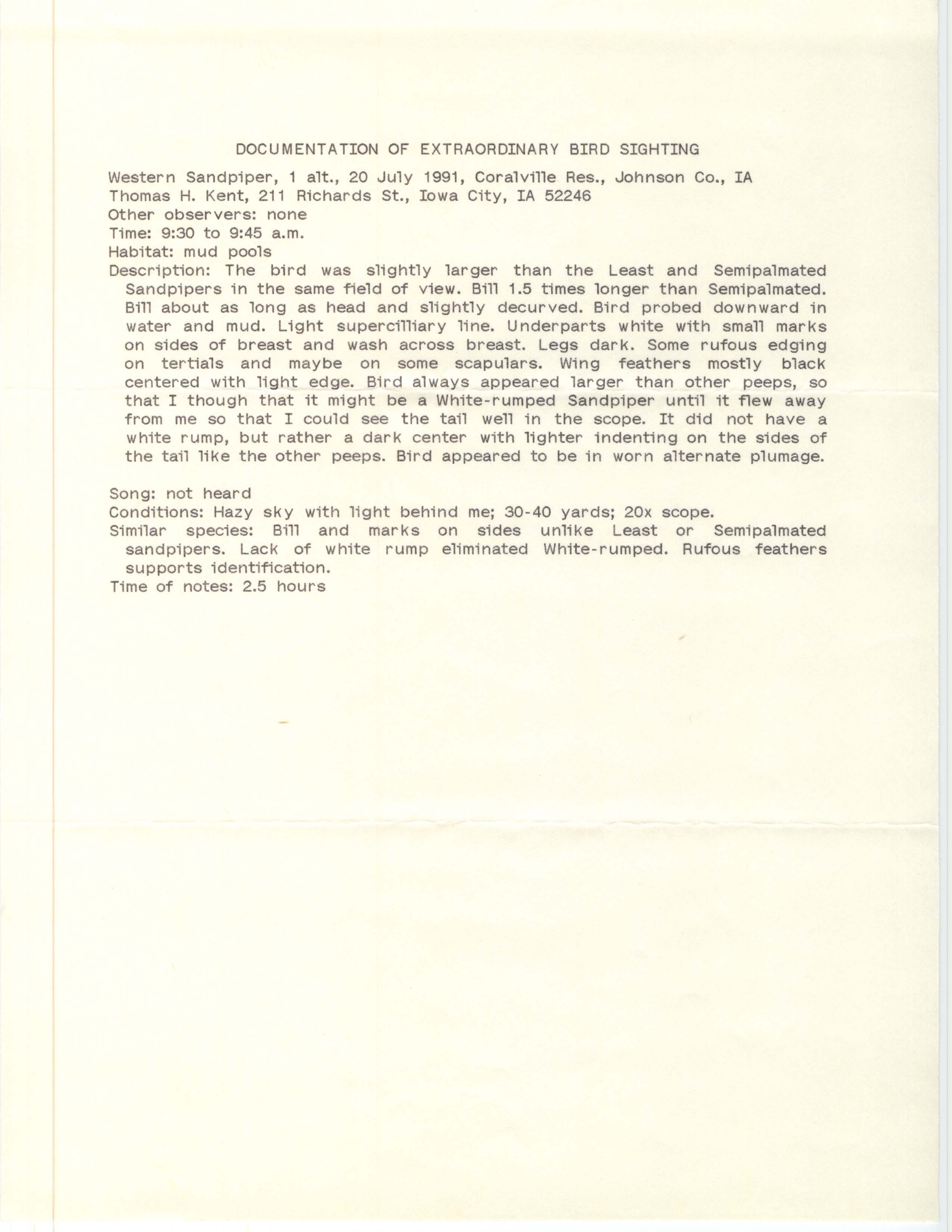 Rare bird documentation form for Western Sandpiper at Coralville Reservoir, 1991
