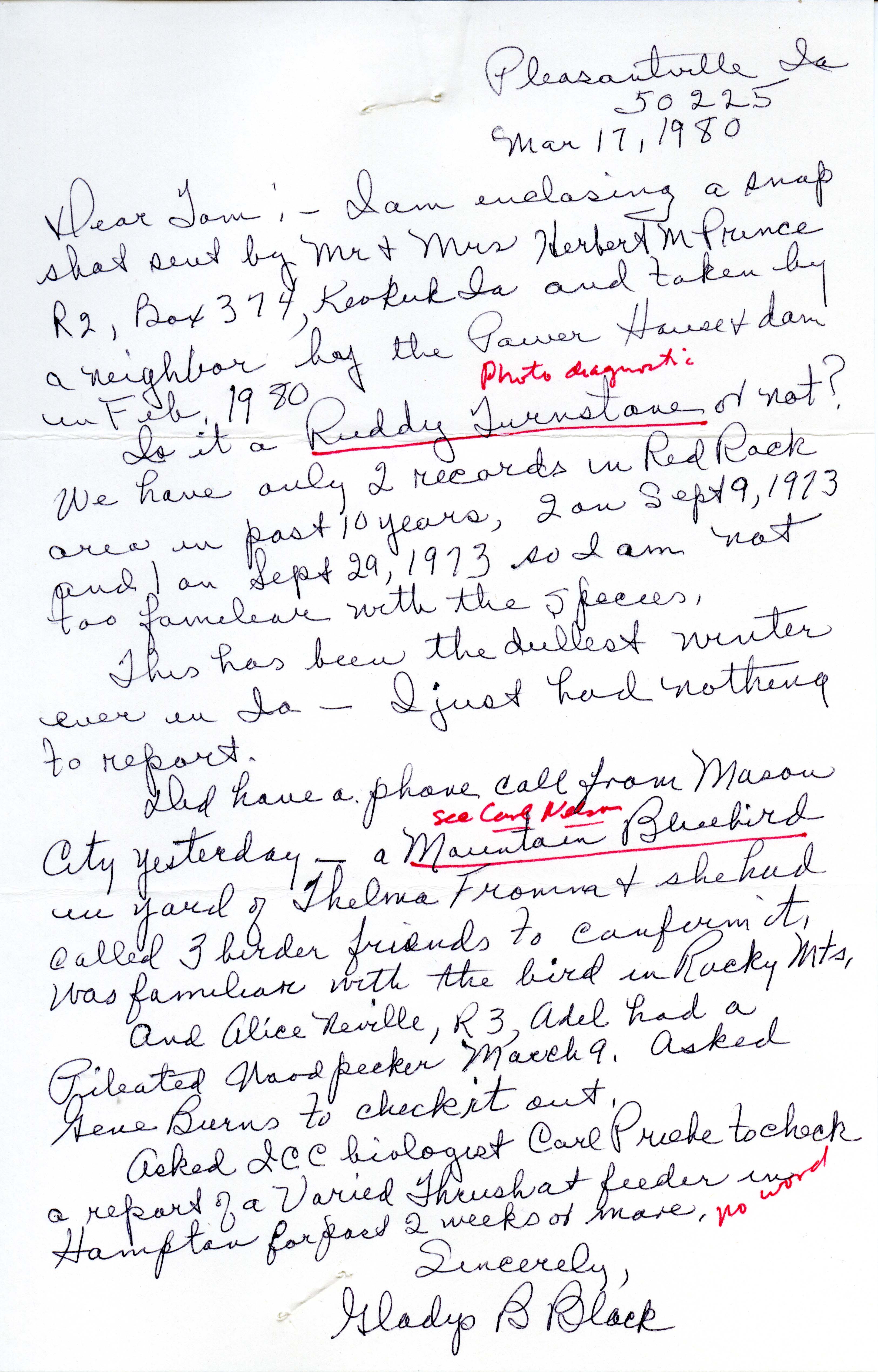 Gladys Black letter to Thomas H. Kent regarding bird sightings, March 17, 1980