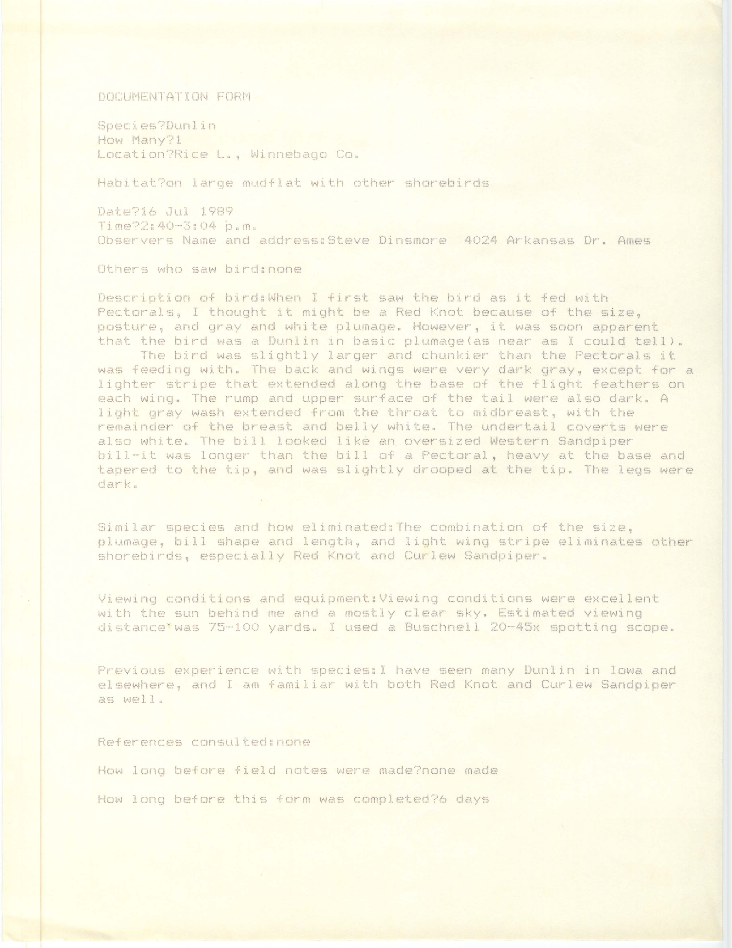 Rare bird documentation form for Dunlin at Rice Lake, 1989