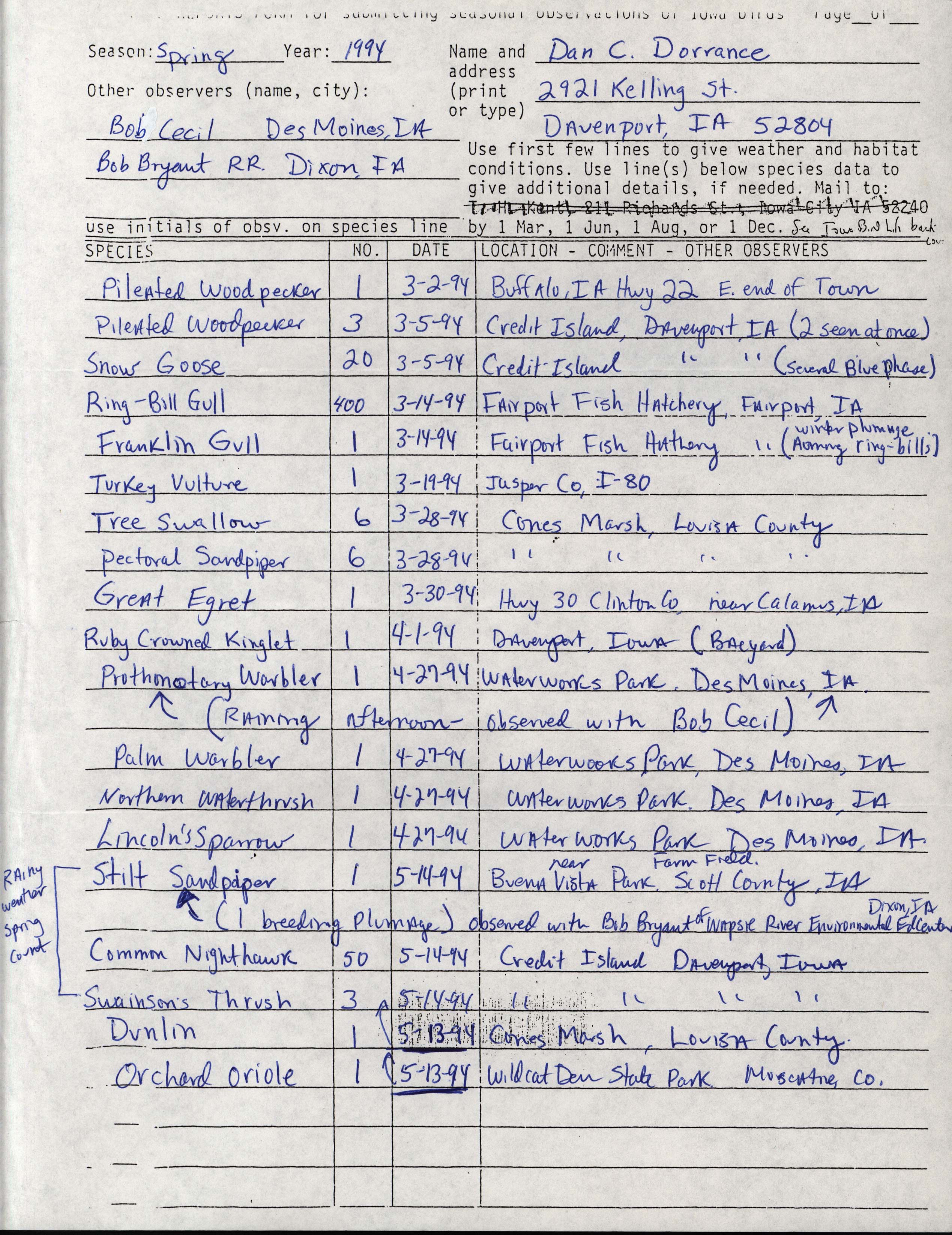 Field reports form for submitting seasonal observations of Iowa birds, Dan Dorrance, Spring 1994