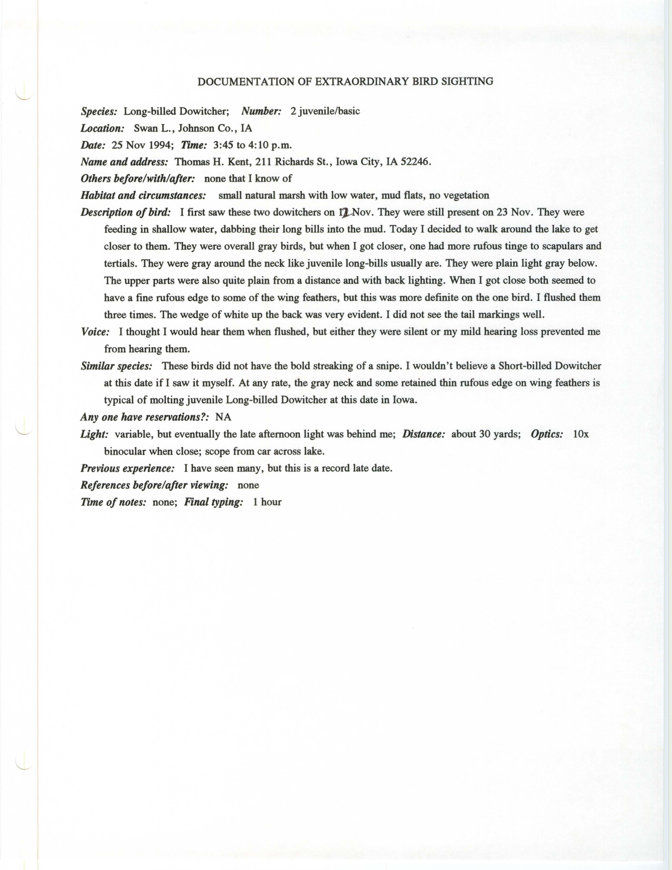 Rare bird documentation form for Long-billed Dowitcher at Swan Lake, 1994