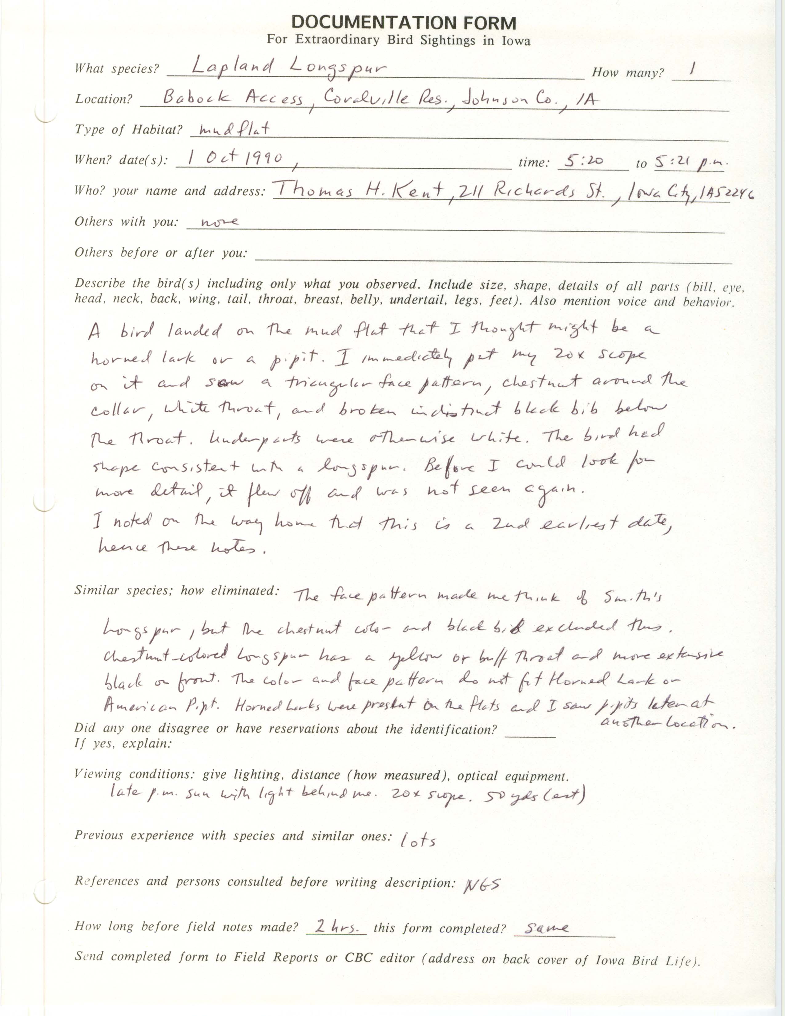 Rare bird documentation form for Lapland Longspur at Babcock Access at Hawkeye Wildlife Area, 1990
