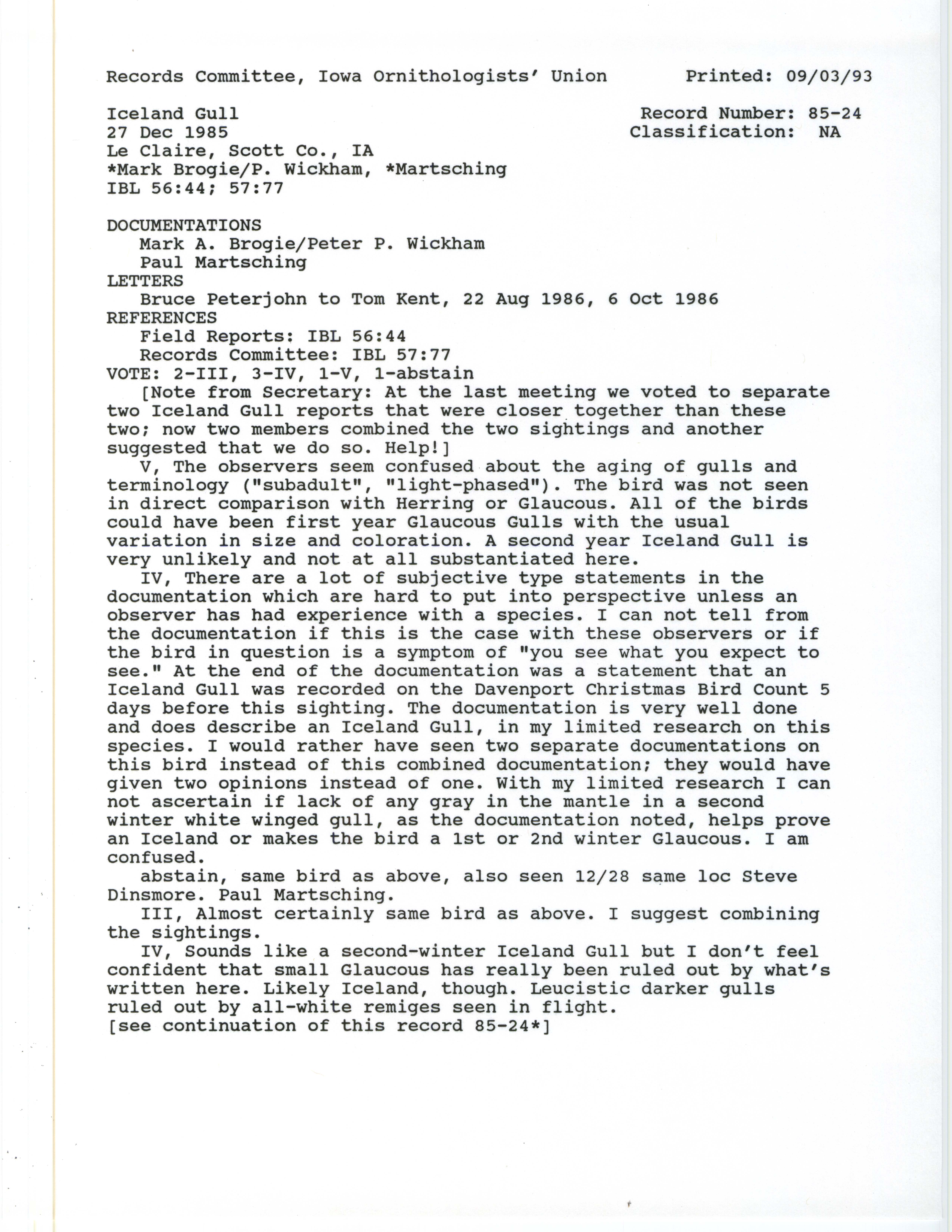 Records Committee review for rare bird sighting of Iceland Gull near Le Claire, 1985