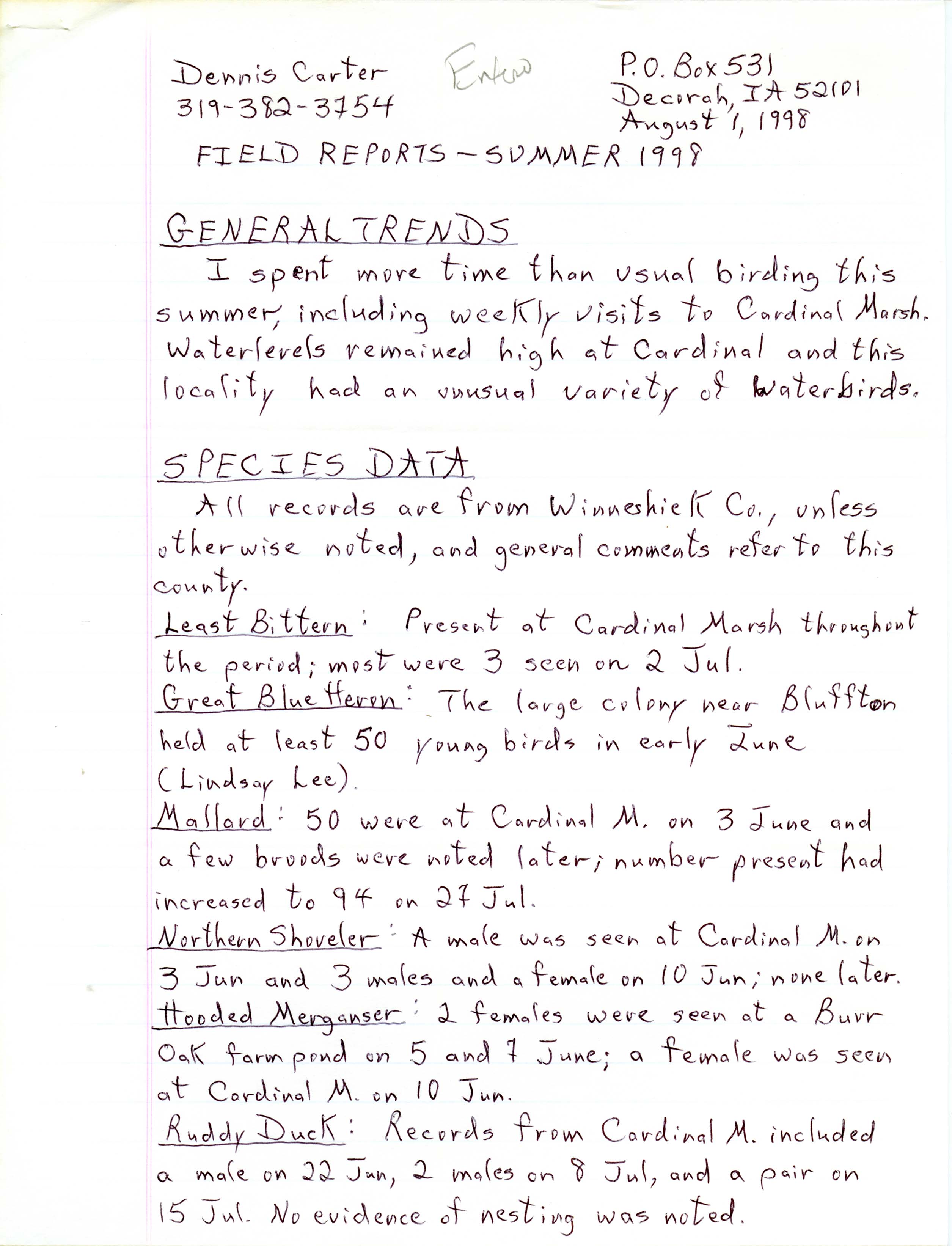 Field reports, summer 1998, Dennis Carter