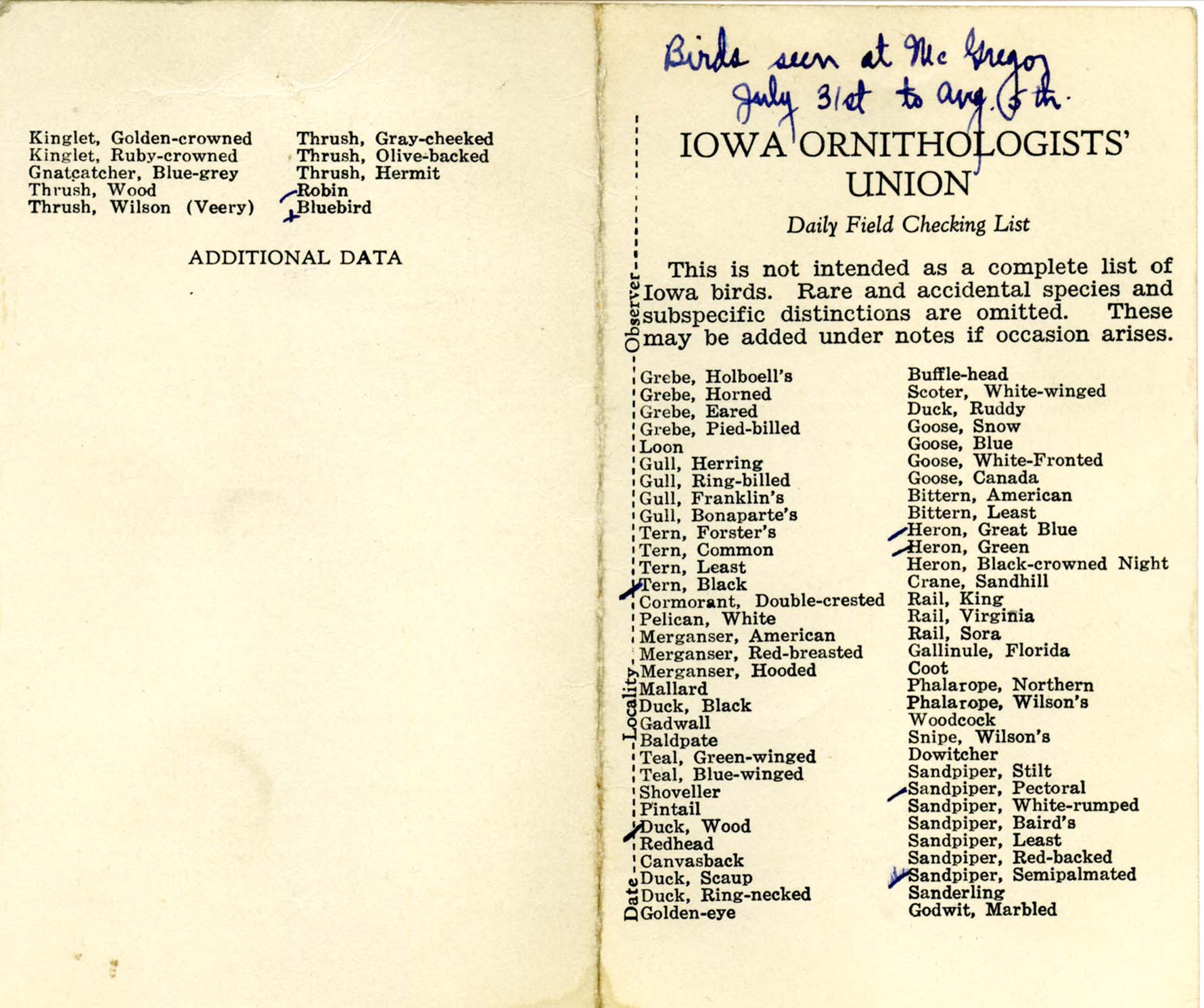 Daily field checking list, Walter Rosene, July 31-August 5, 1933