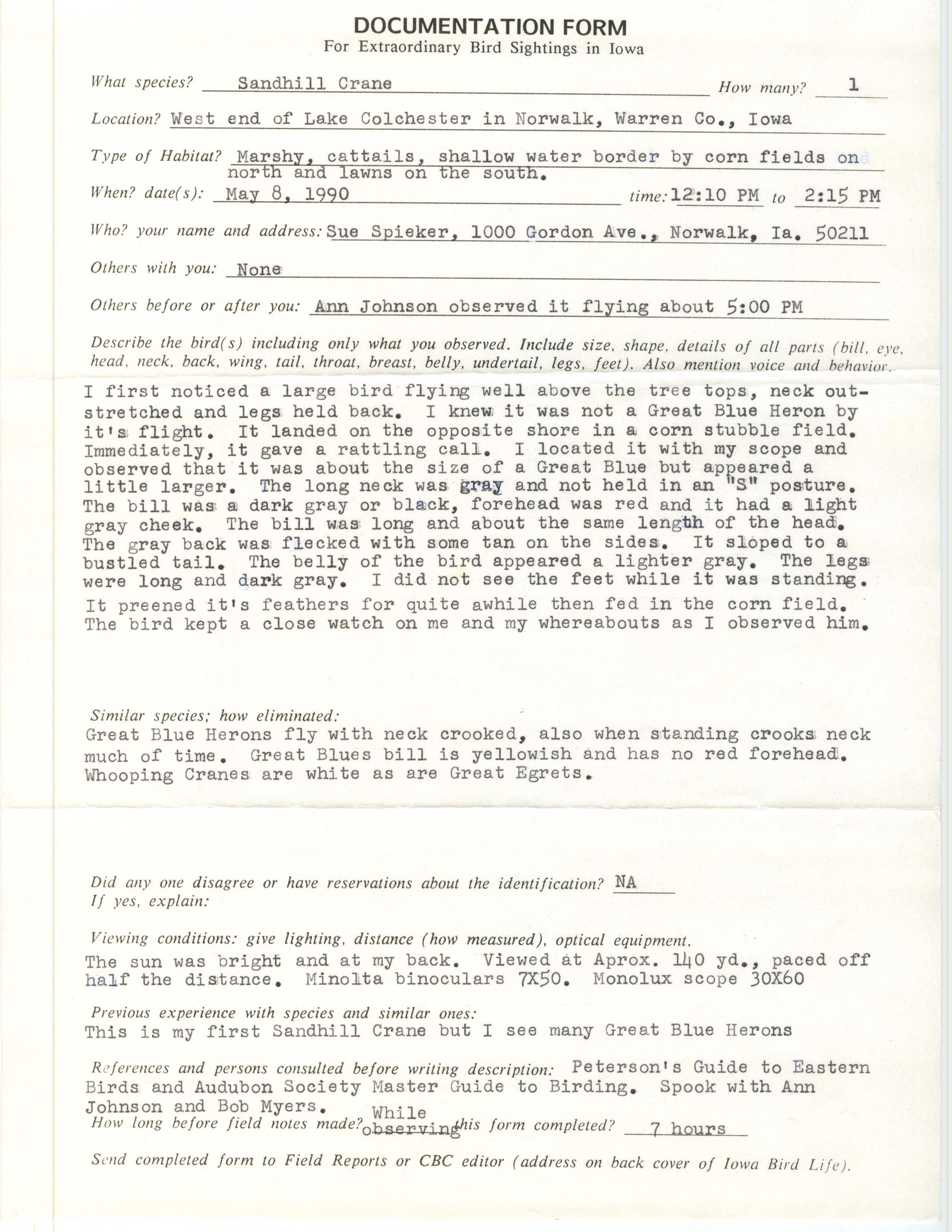 Rare bird documentation form for Sandhill Crane at west end of Lake Colechester, 1990