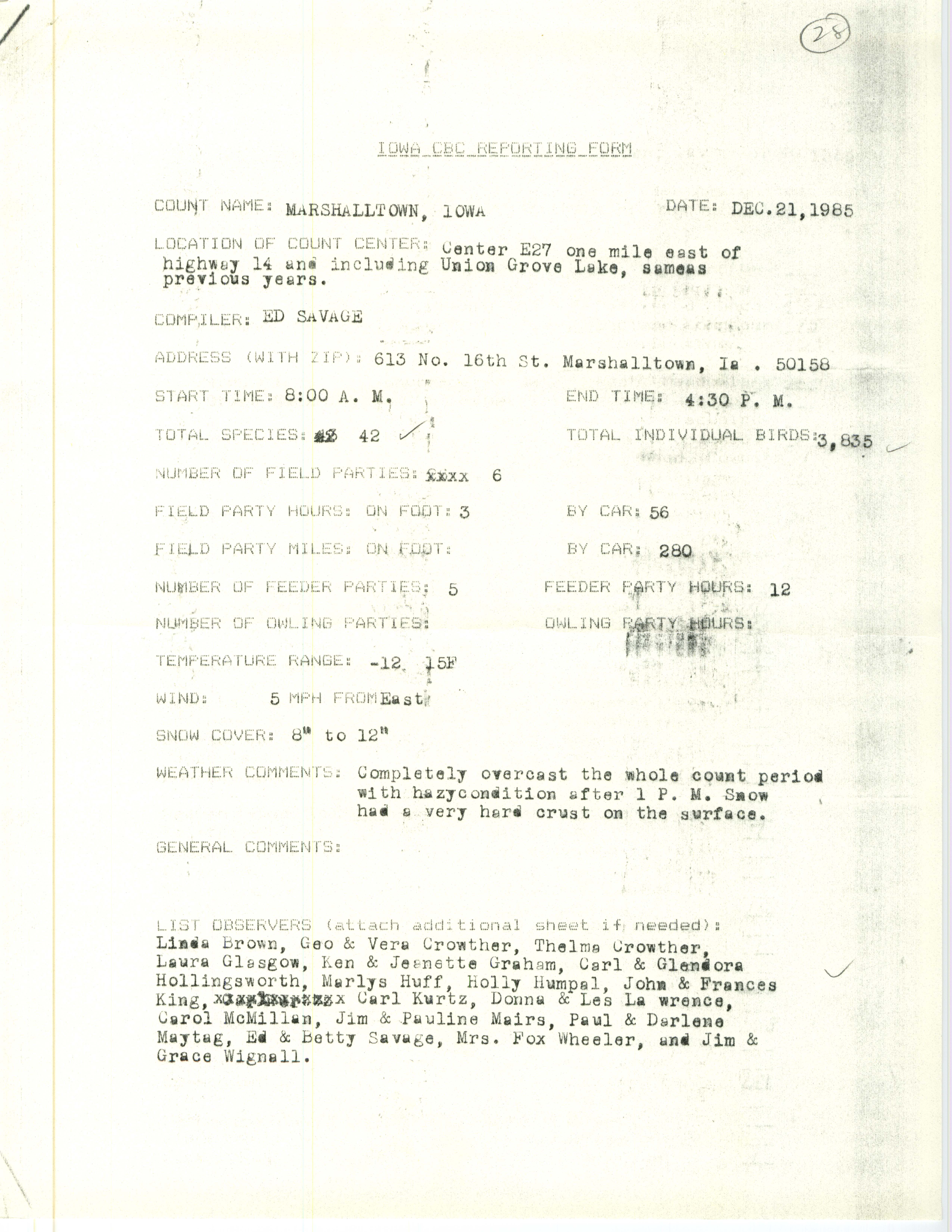 Iowa CBC reporting form, Marshalltown, December 21, 1985