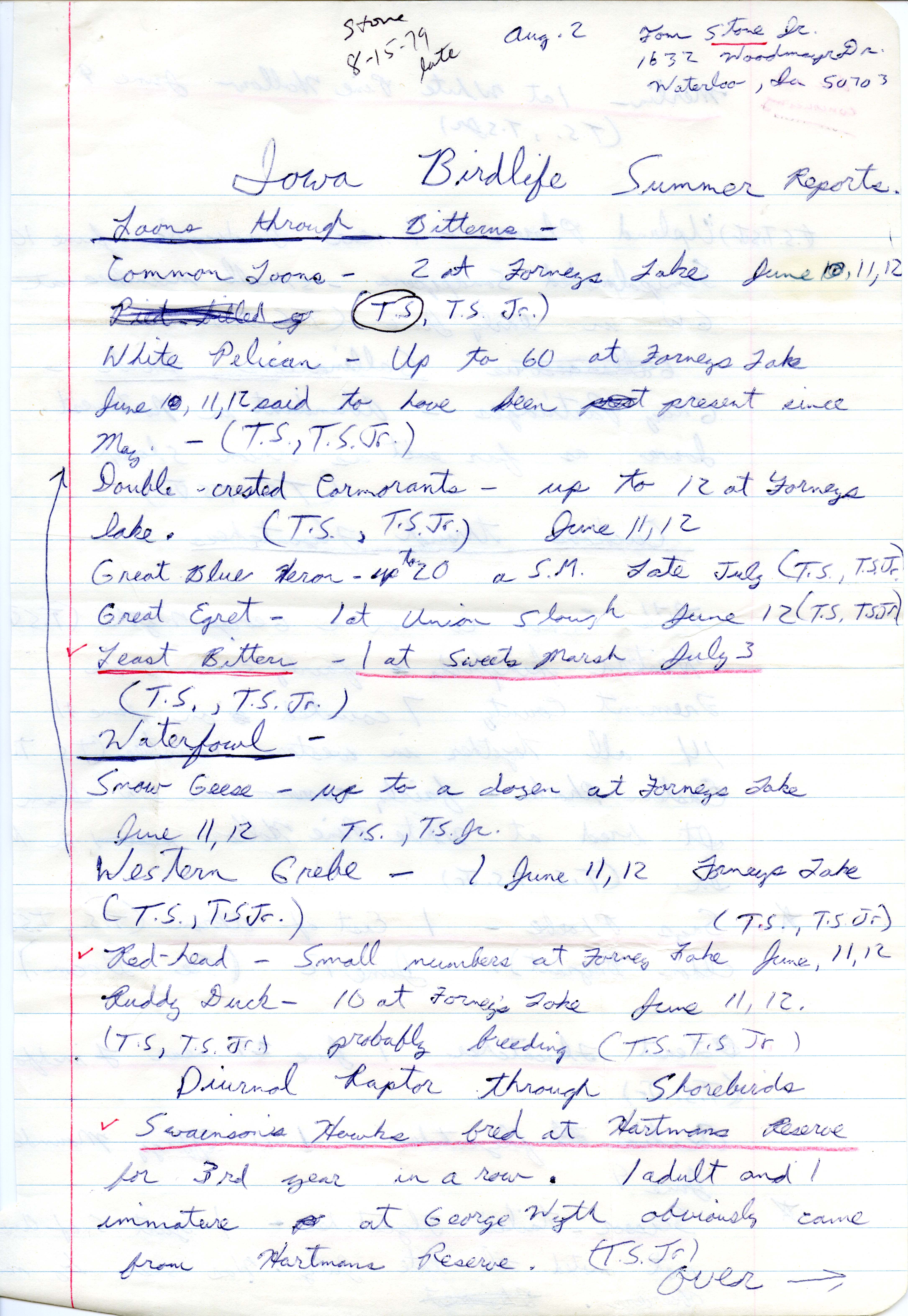 Tom Stone, Jr. field notes with bird sightings, summer 1979