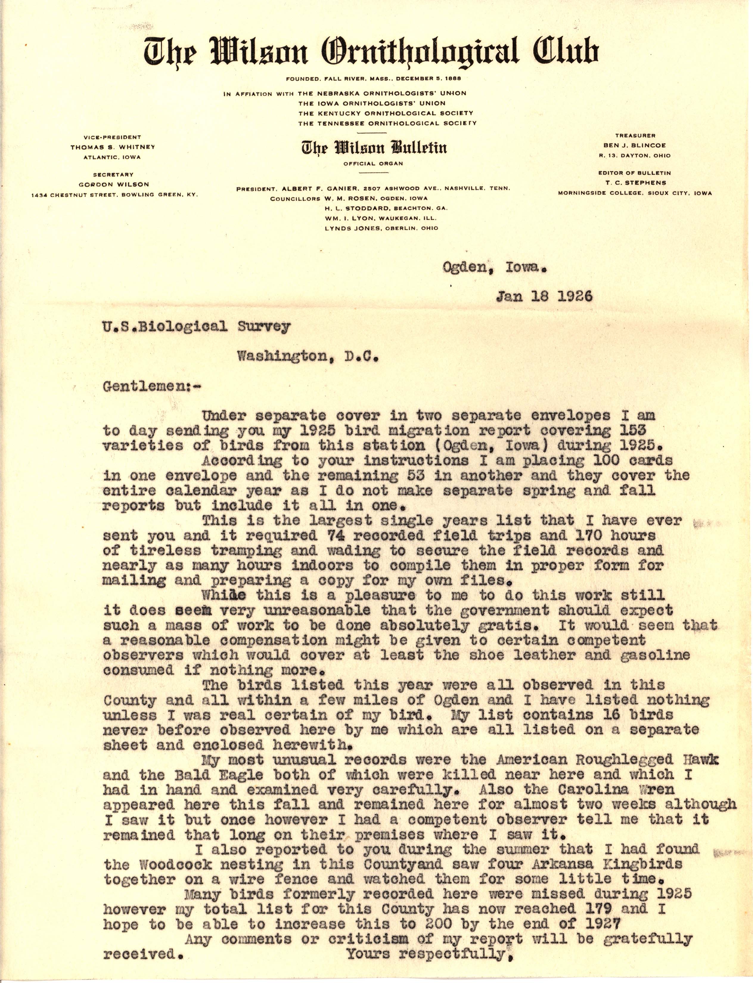 Walter Rosene letter to the United States Bureau of Biological Survey regarding a 1925 bird migration report, January 18, 1926