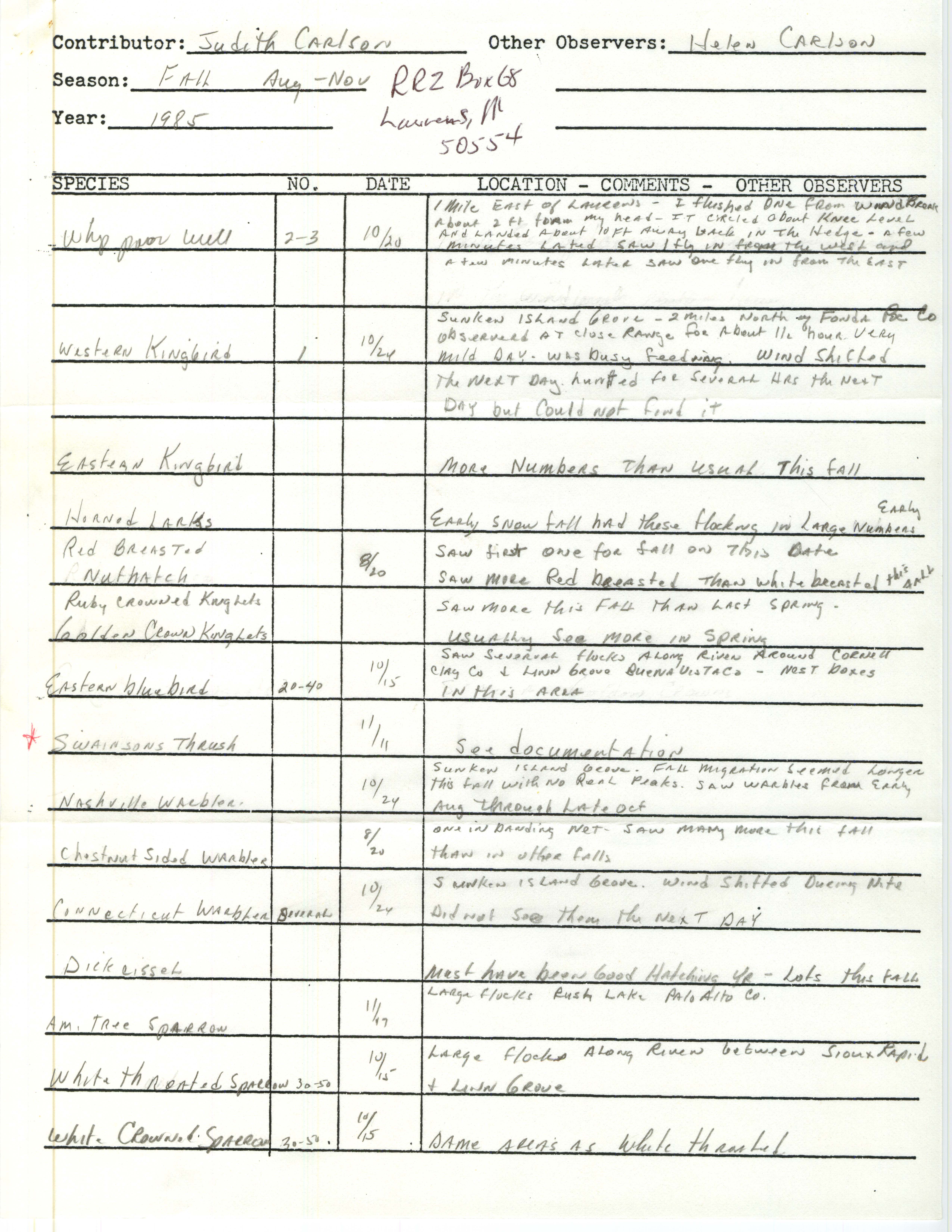 Annotated bird sighting list for Fall 1985 compiled by Judith Carlson