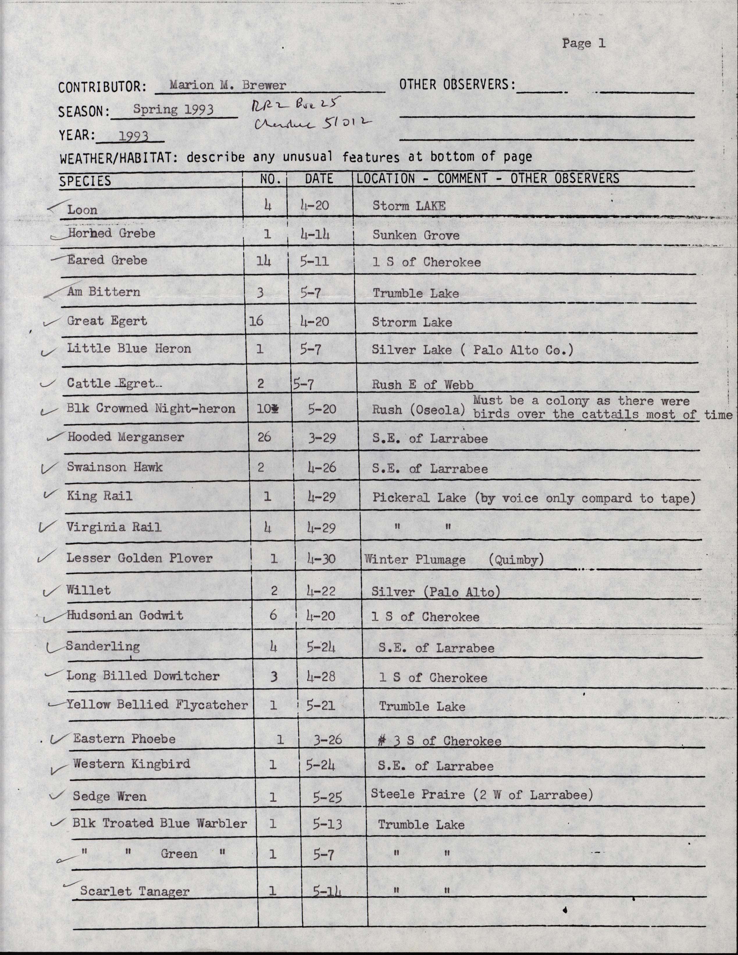 Annotated bird sighting list for Spring 1993 compiled by Marion Brewer
