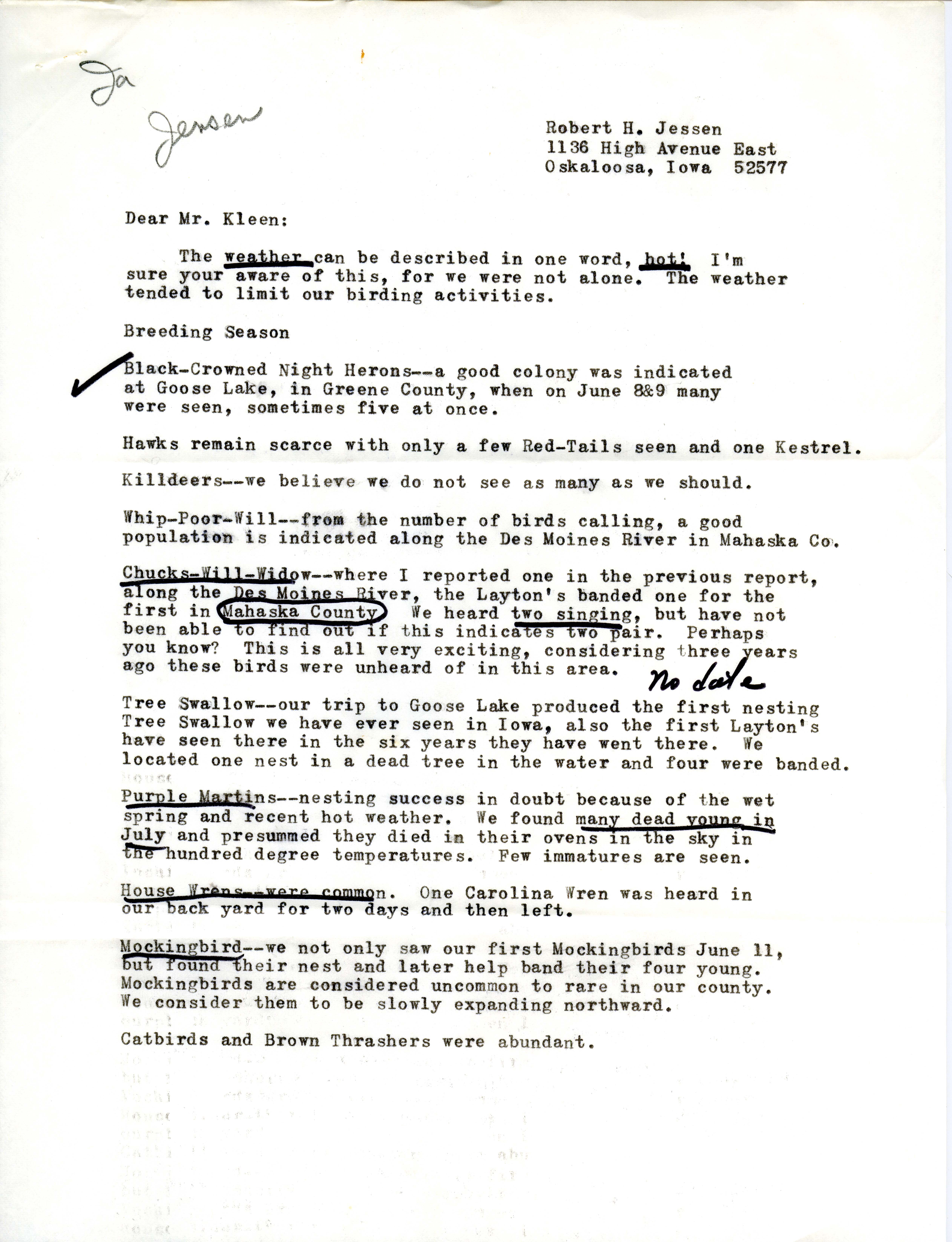 Letter from Robert Jessen to Vernon M. Kleen regarding birds sighted near Oskaloosa, summer 1974