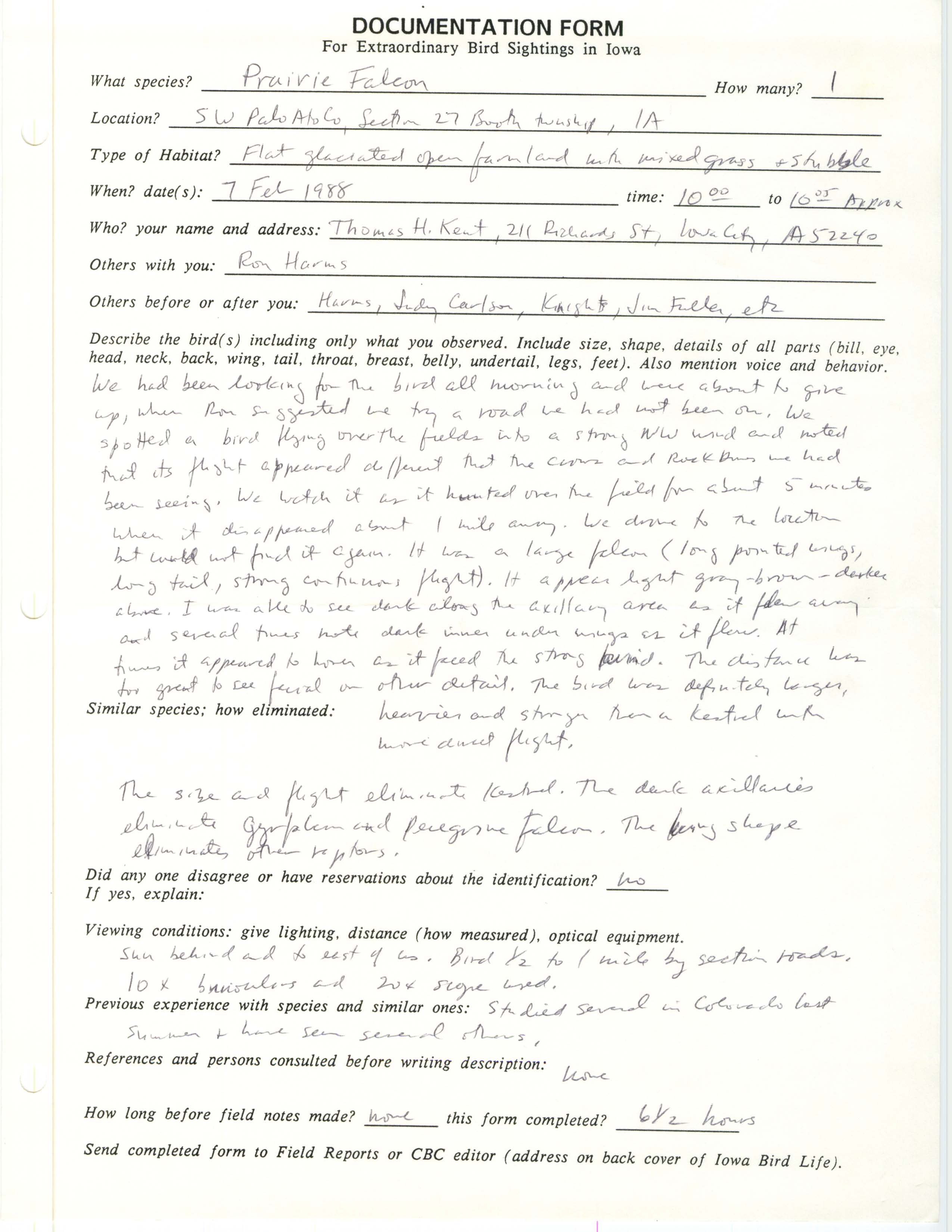 Rare bird documentation form for Prairie Falcon at Booth Township in Palo Alto County, 1988