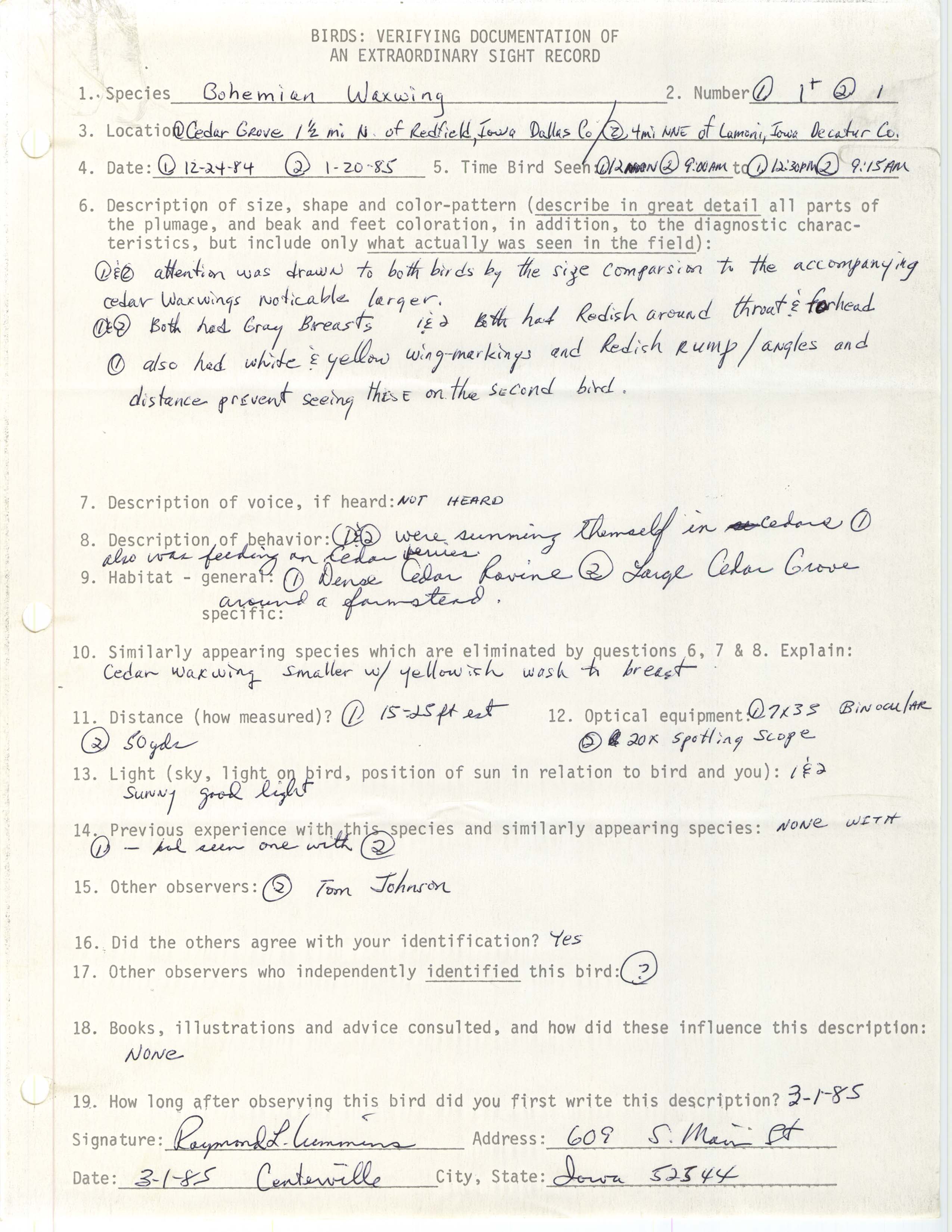 Rare bird documentation form for Bohemian Waxwing north of Redfield and north-northeast of Lamoni, 1984 and 1985
