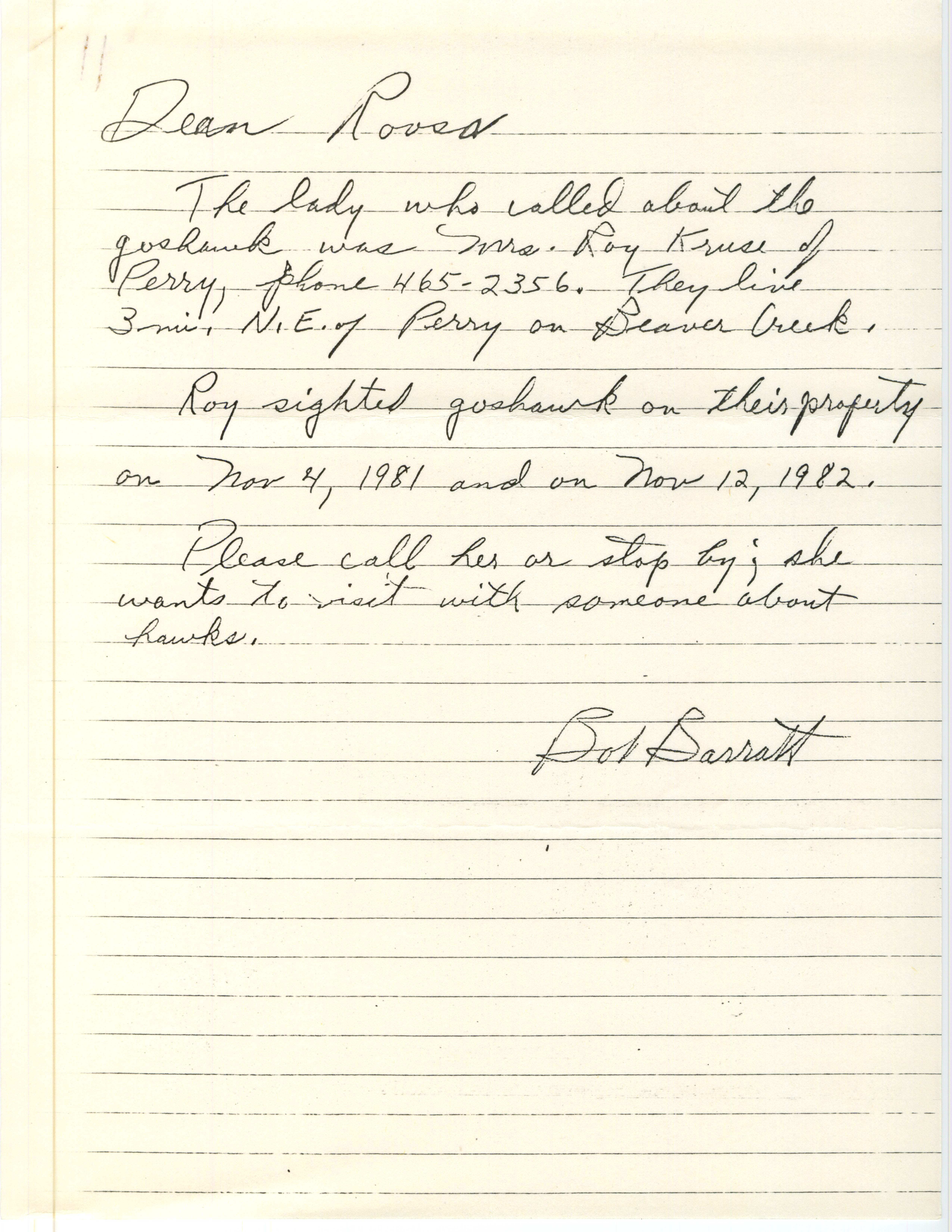 Bob Barratt letter to Dean M. Roosa regarding a Goshawk sighting, fall 1982
