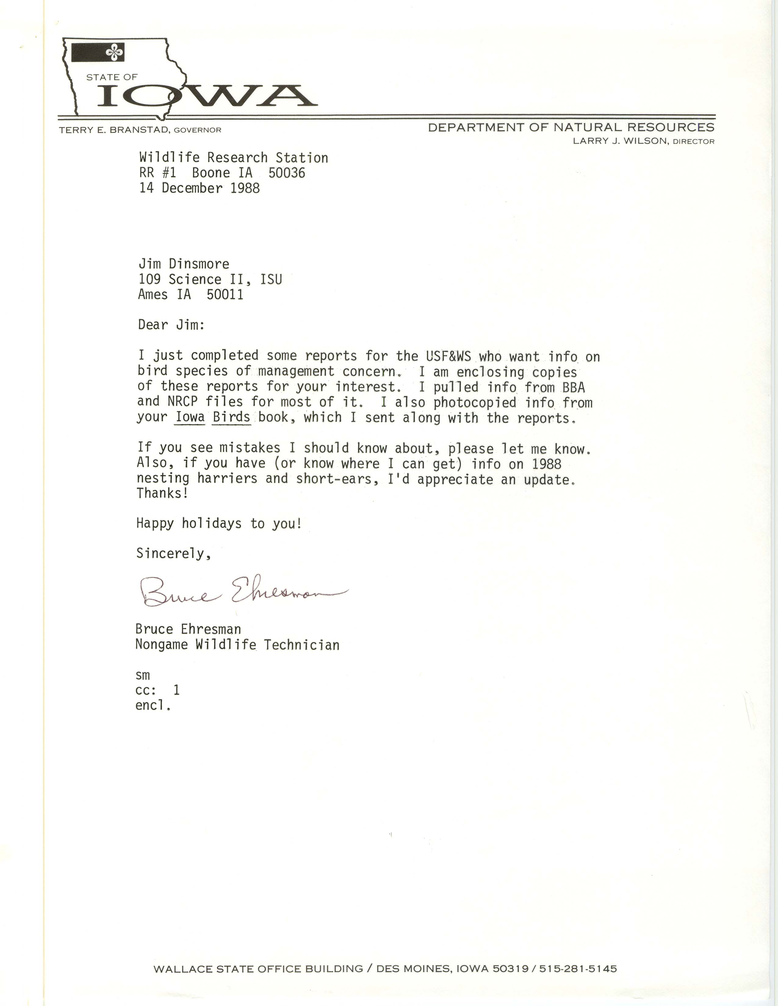 Bruce Ehresman letter to James J. Dinsmore regarding U.S. Fish and Wildlife Service reports, December 14, 1988