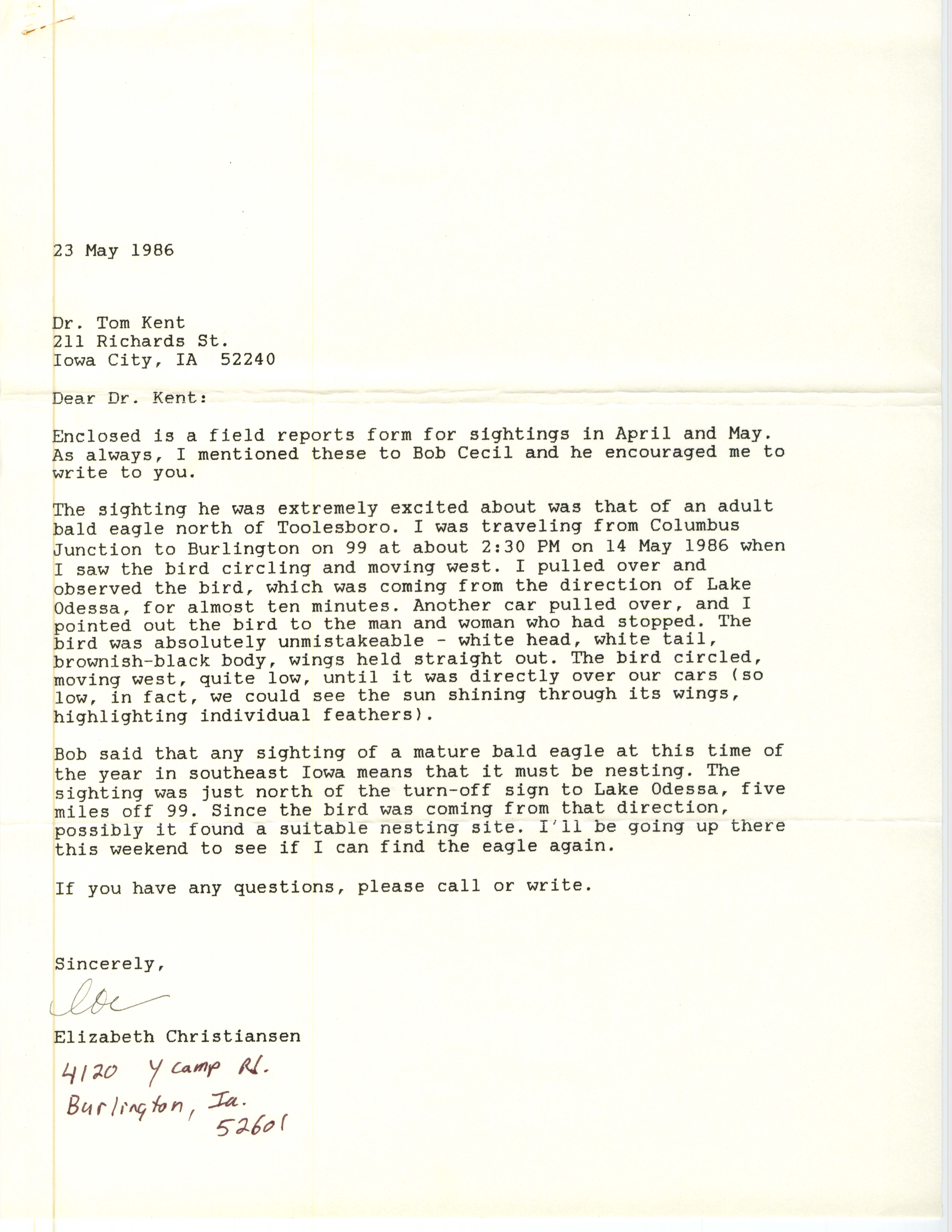 Elizabeth Christiansen letter to Thomas Kent regarding field reports for April and May, May 23, 1986