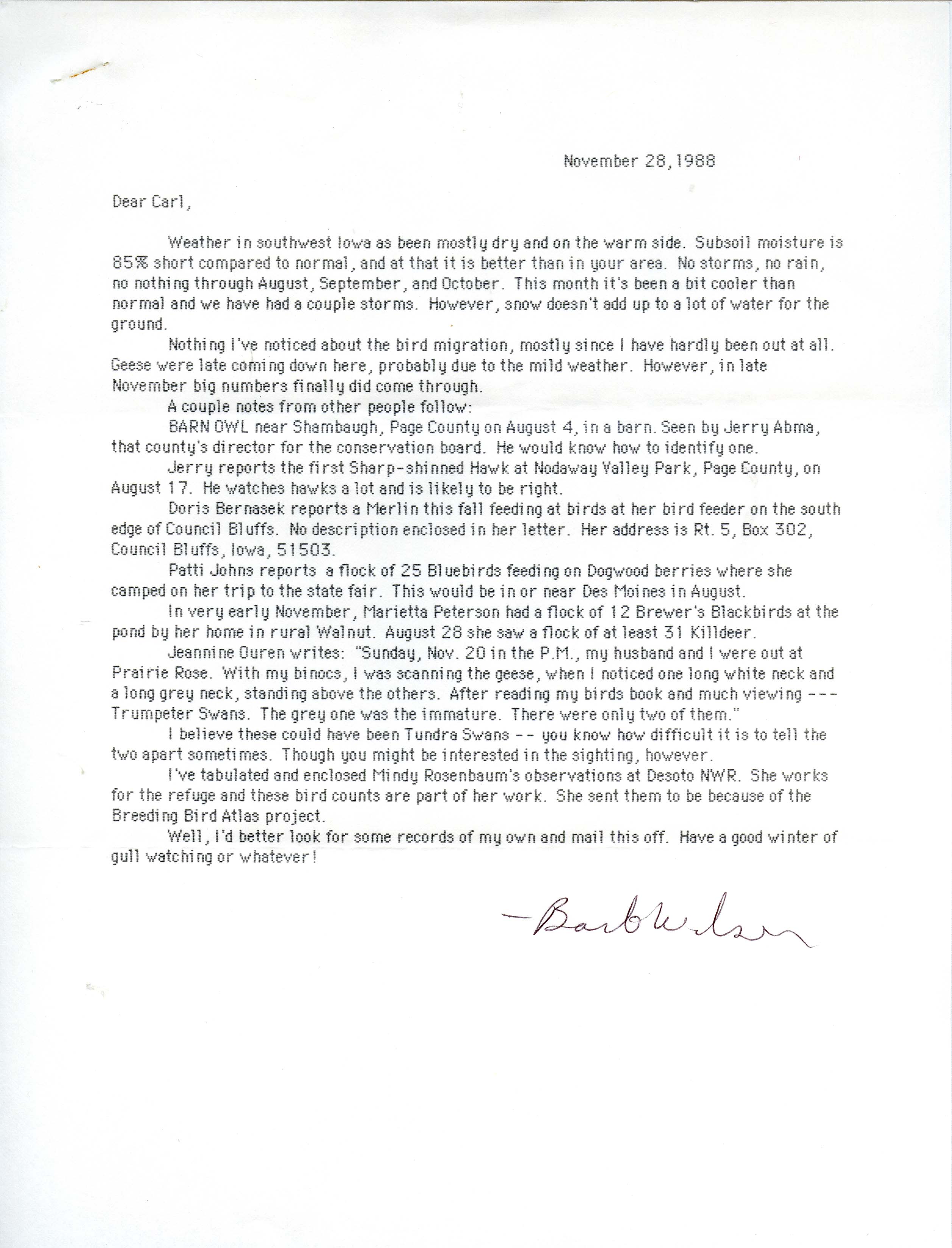 Field notes and Barbara L. Wilson letter to Carl J. Bendorf, November 28, 1988