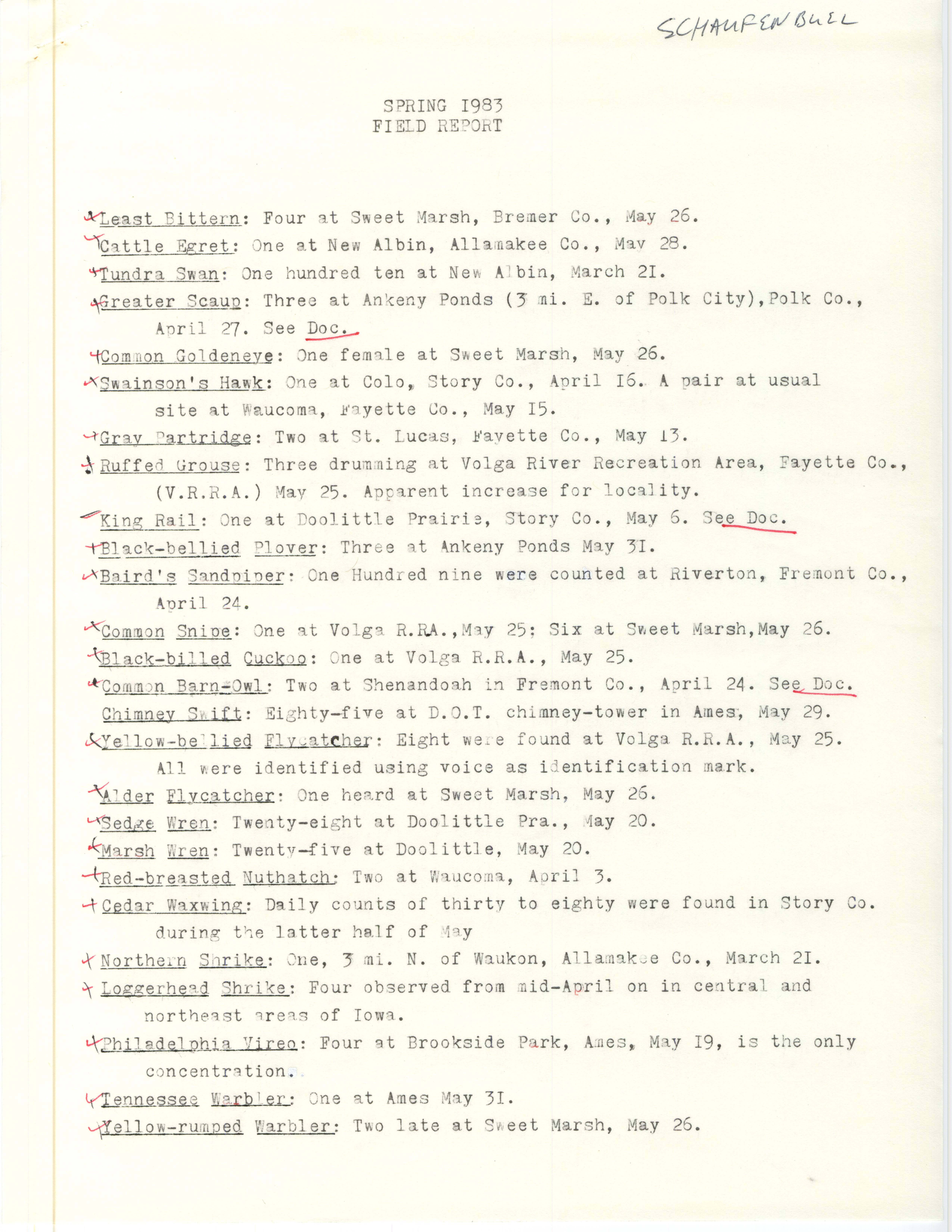 Field notes contributed by Joseph P. Schaufenbuel, spring 1983