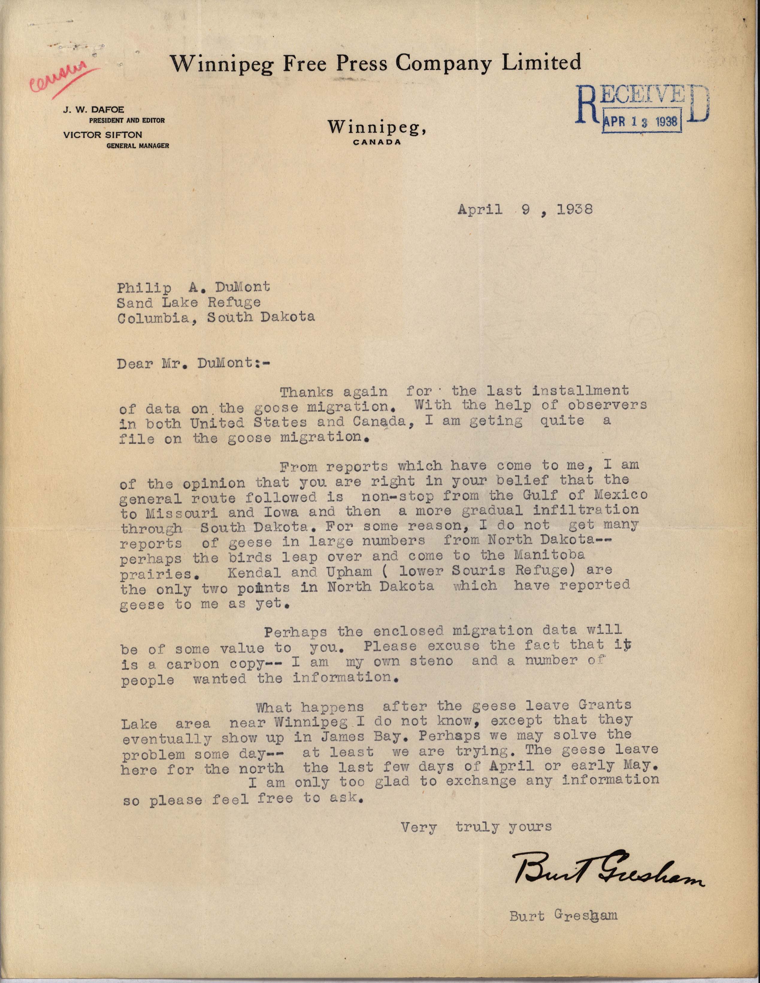 Burt Gresham letter to Philip DuMont regarding Goose migration, April 9, 1938