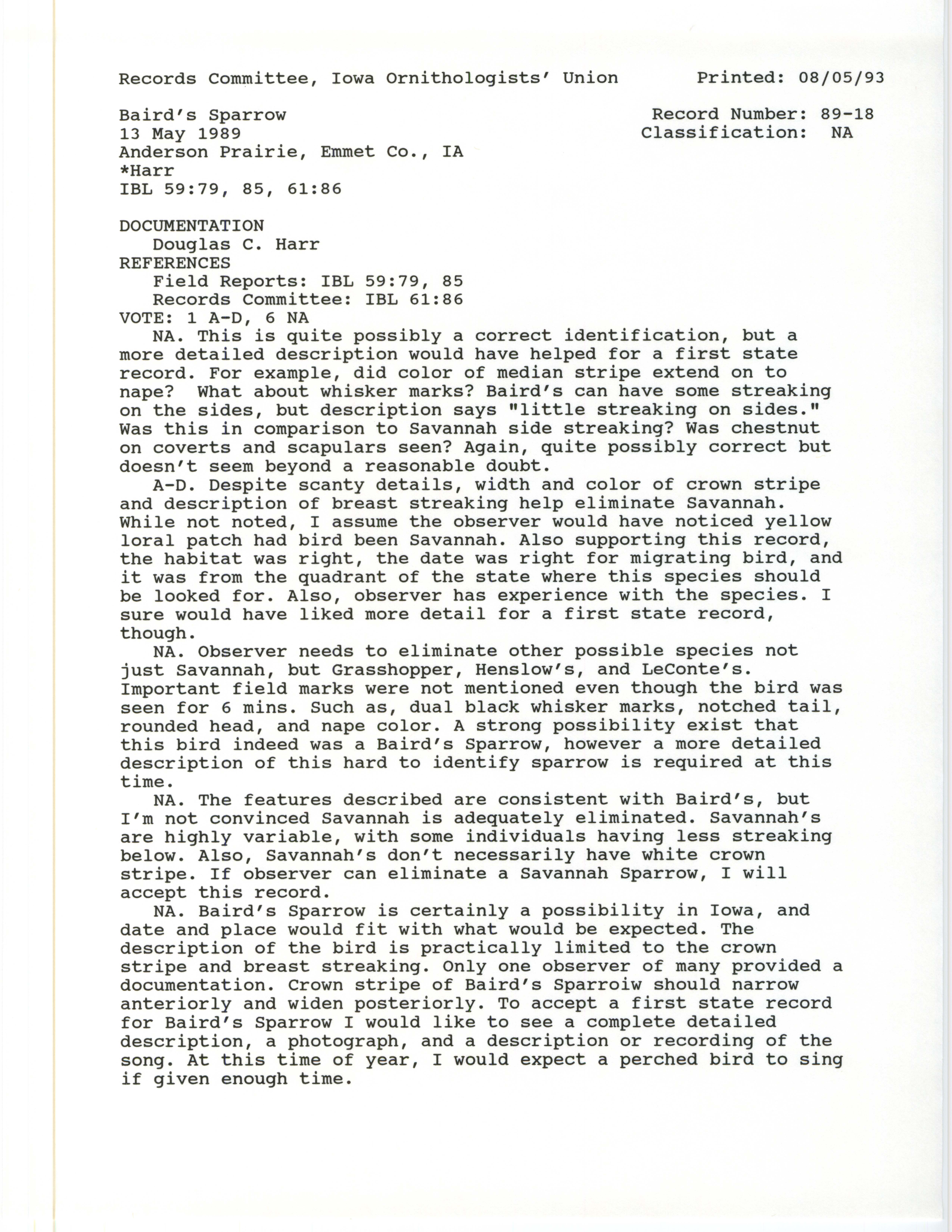 Records Committee review for rare bird sighting for Baird's Sparrow at Anderson Prairie State Preserve, 1989