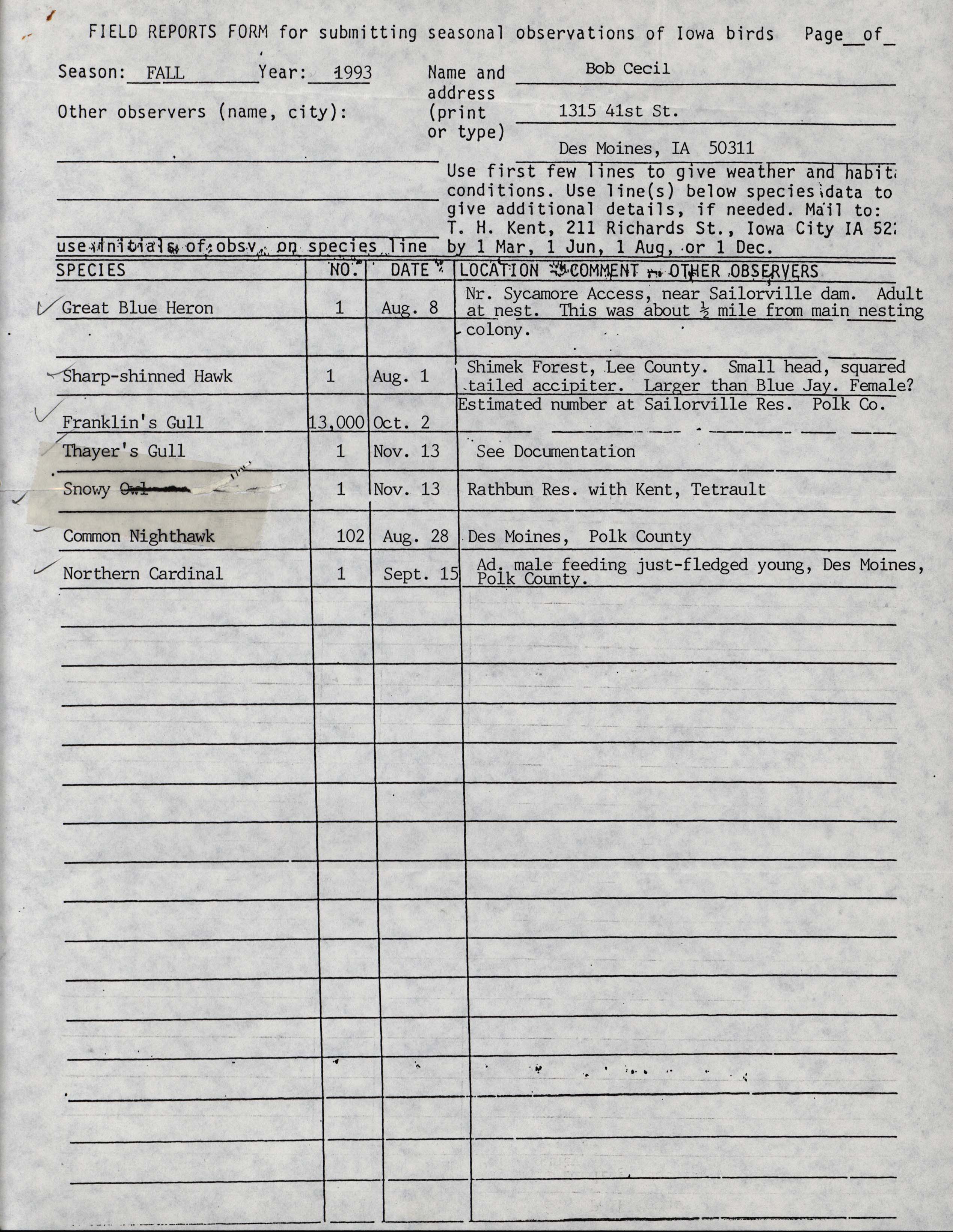 Field reports form for submitting seasonal observations of Iowa birds, Robert I. Cecil, fall 1993