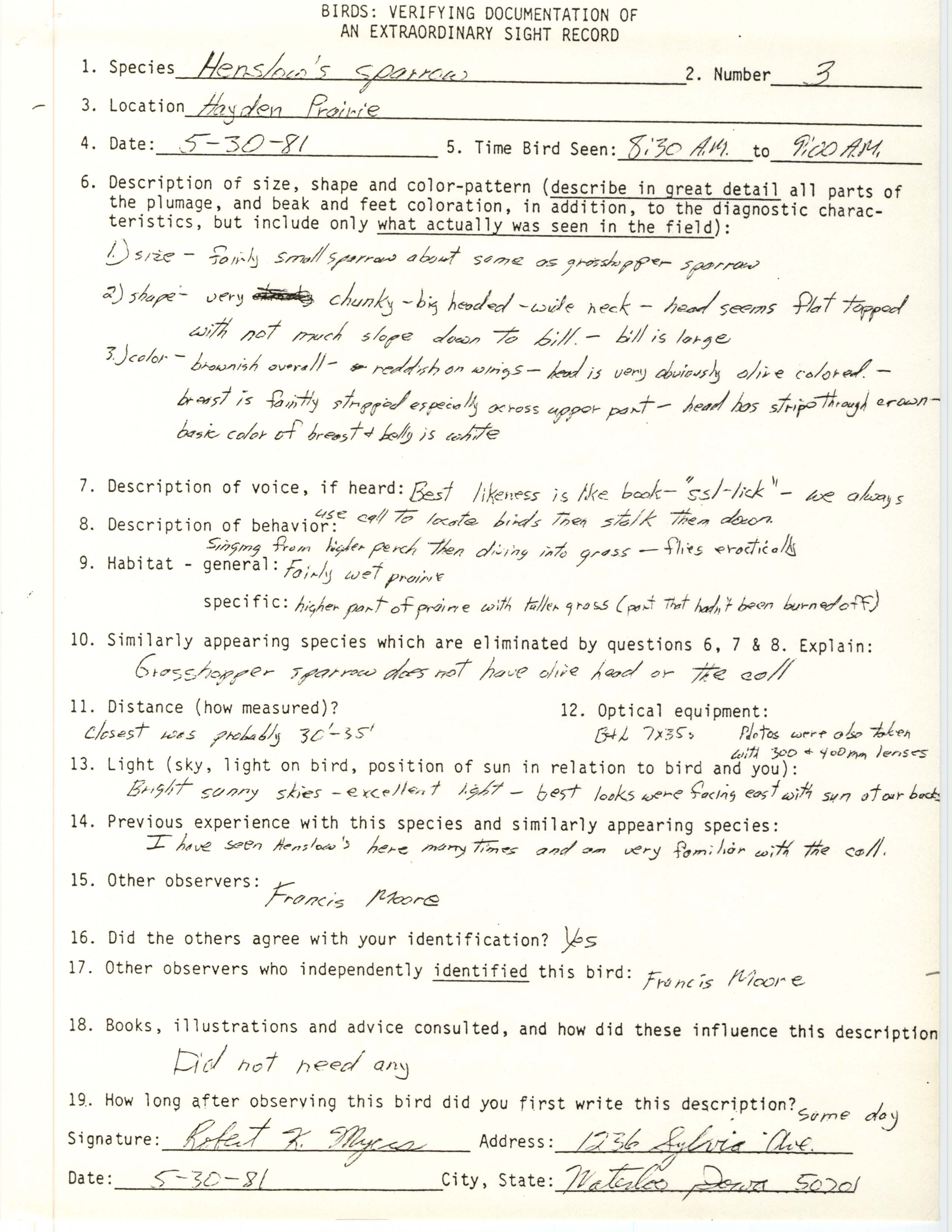 Rare bird documentation form for Henslow's Sparrow at Hayden Prairie in 1981