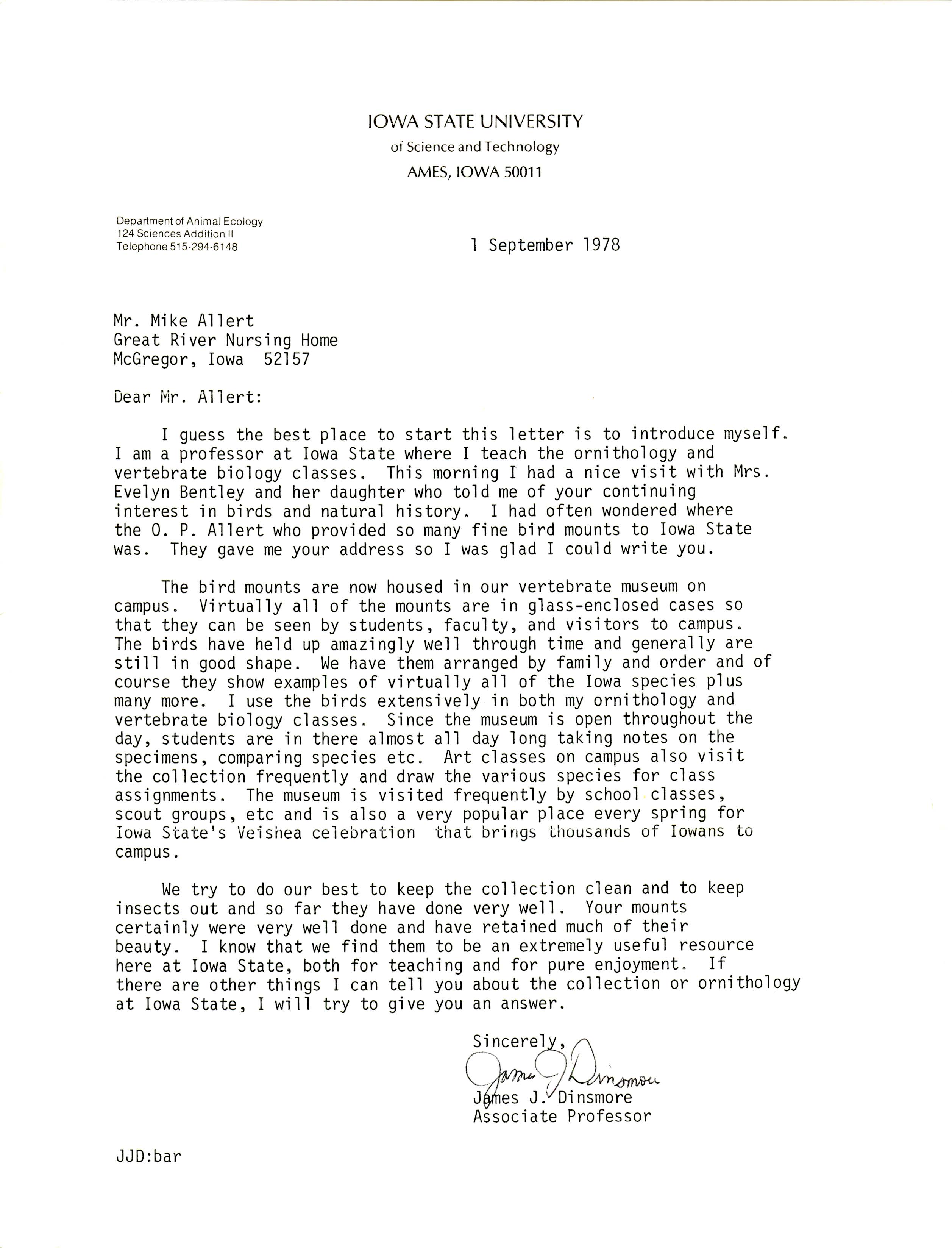 James Dinsmore letter to Oscar Allert regarding mounted bird specimens, September 1, 1978