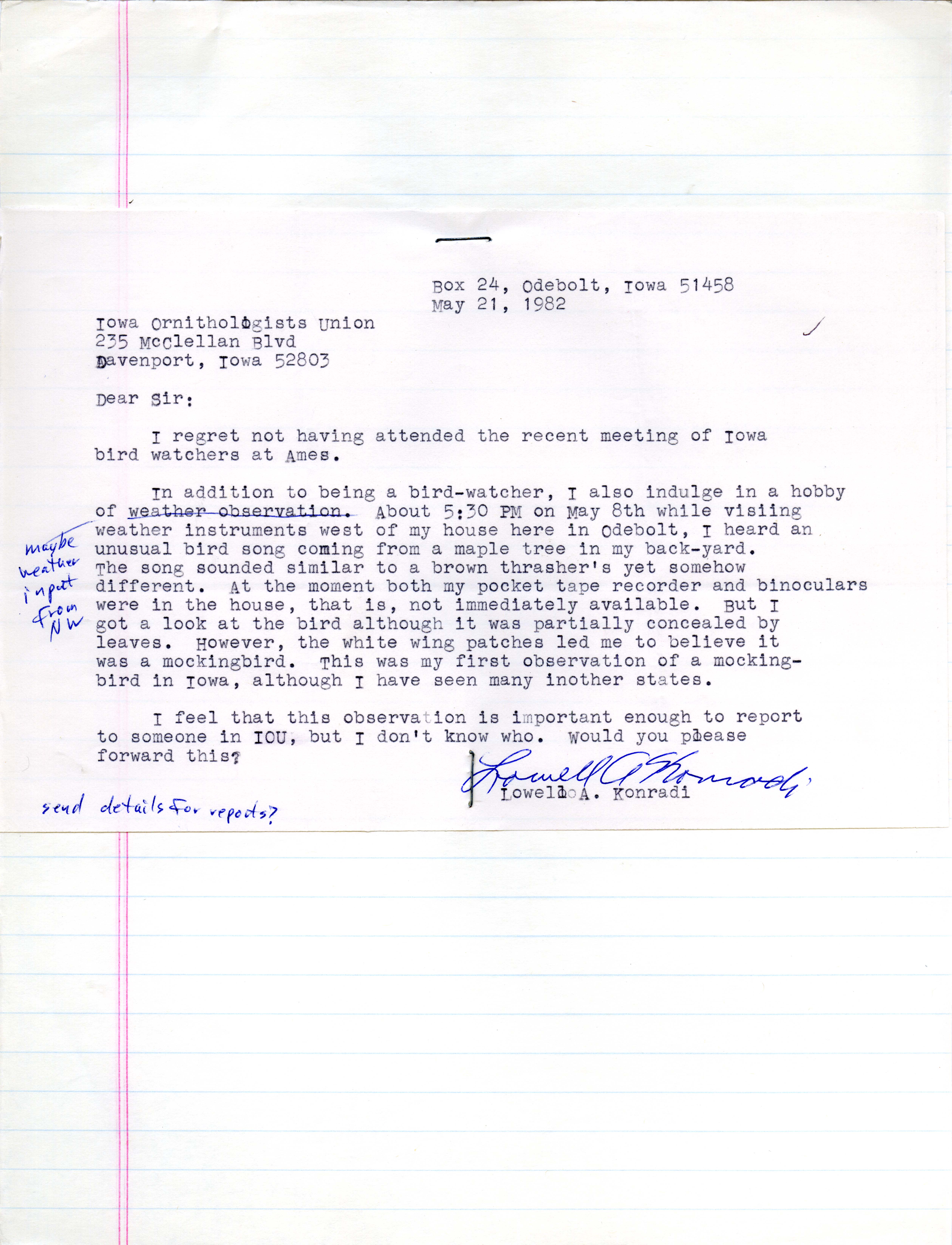 Lowell A. Konradi letter to the Iowa Ornithologists' Union regarding field notes, May 21, 1982