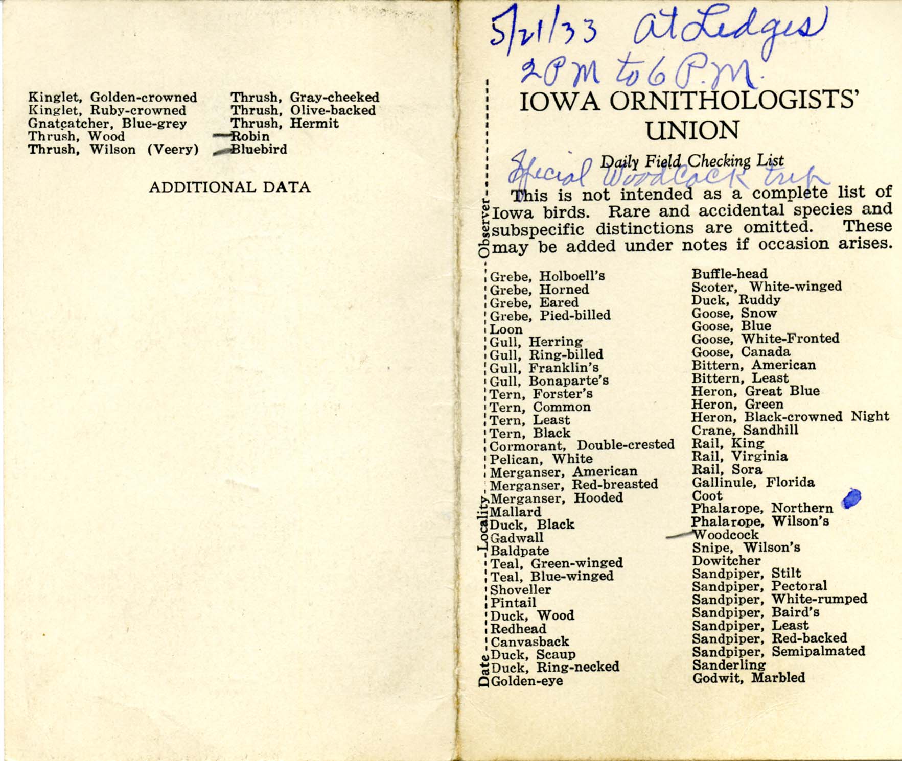 Daily field checking list, Walter Rosene, May 21, 1933 Woodcock trip