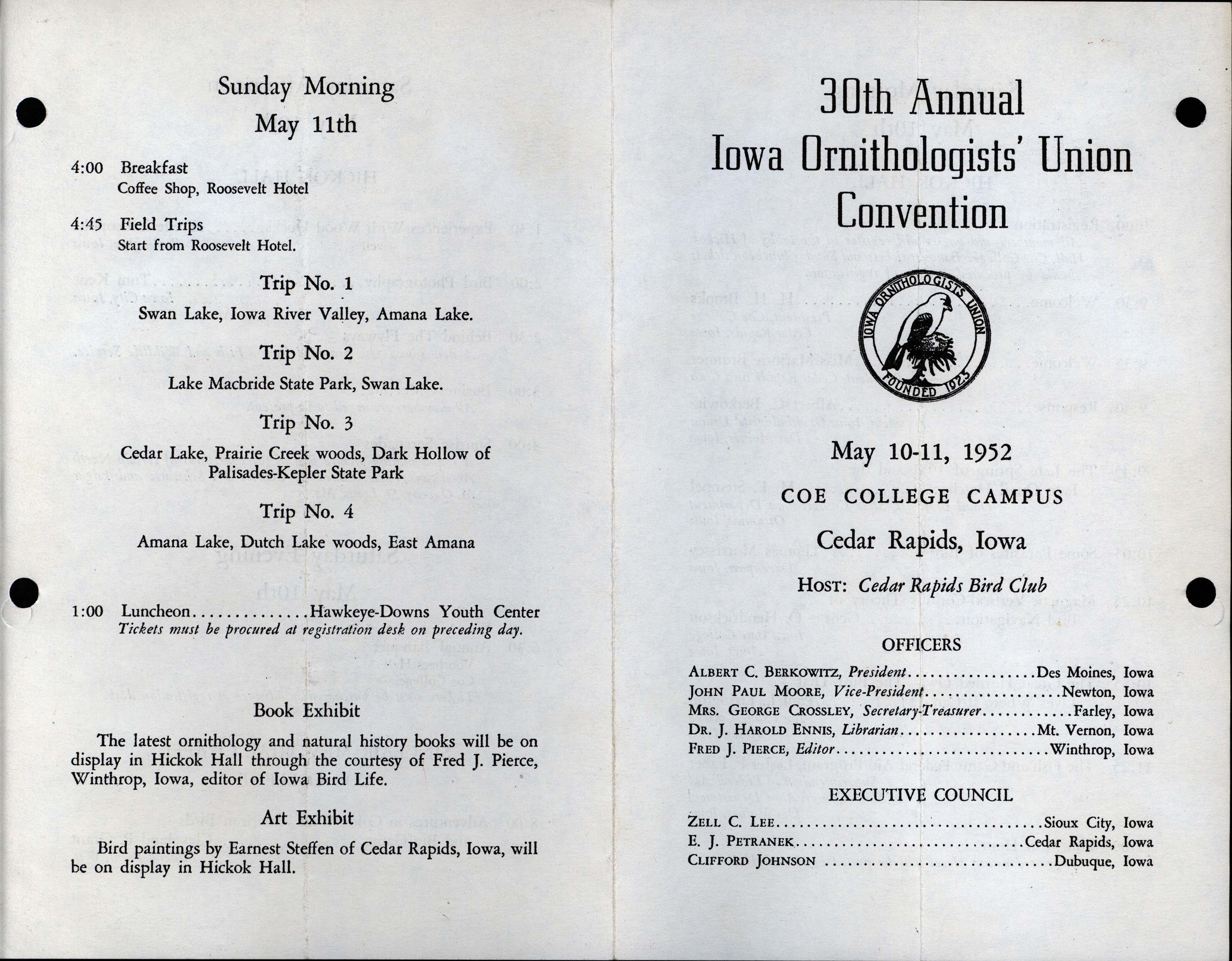 30th Annual Iowa Ornithologists' Union Convention program, May 10-11, 1952