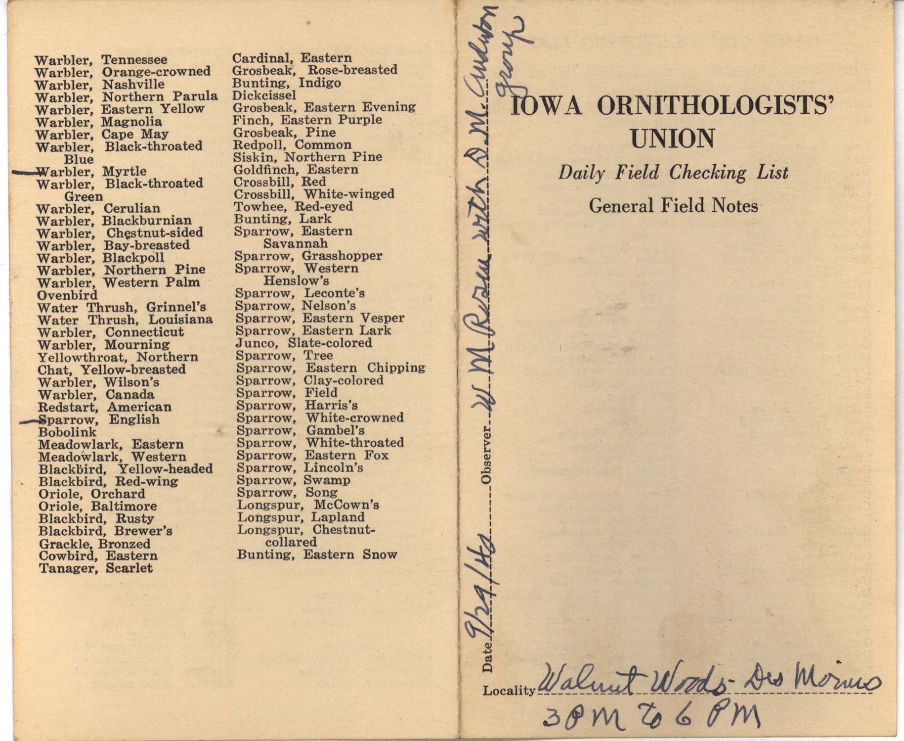 Daily field checking list by Walter Rosene, September 29, 1940
