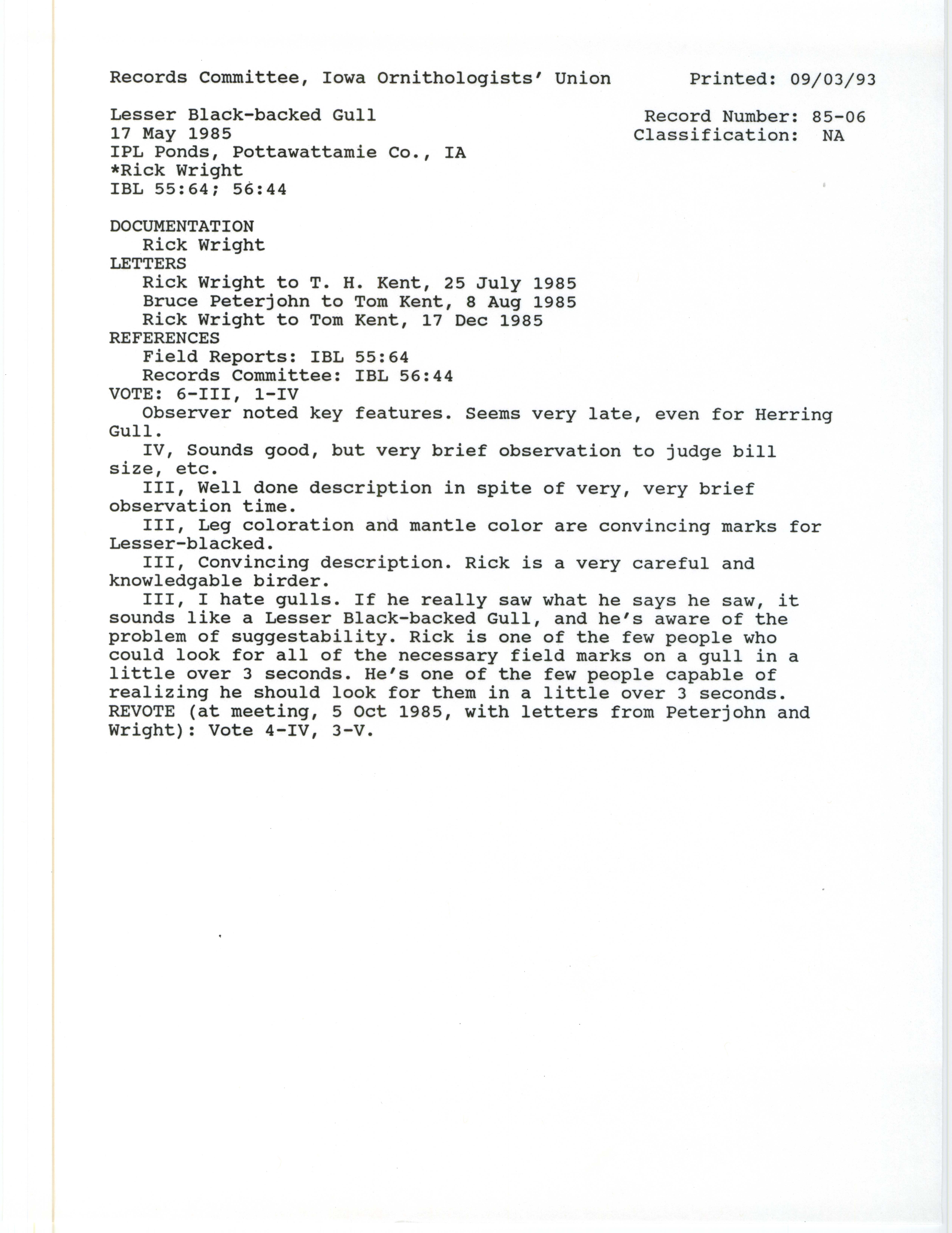 Records Committee review for rare bird sighting of Lesser Black-backed Gull at IPL Ponds, 1985