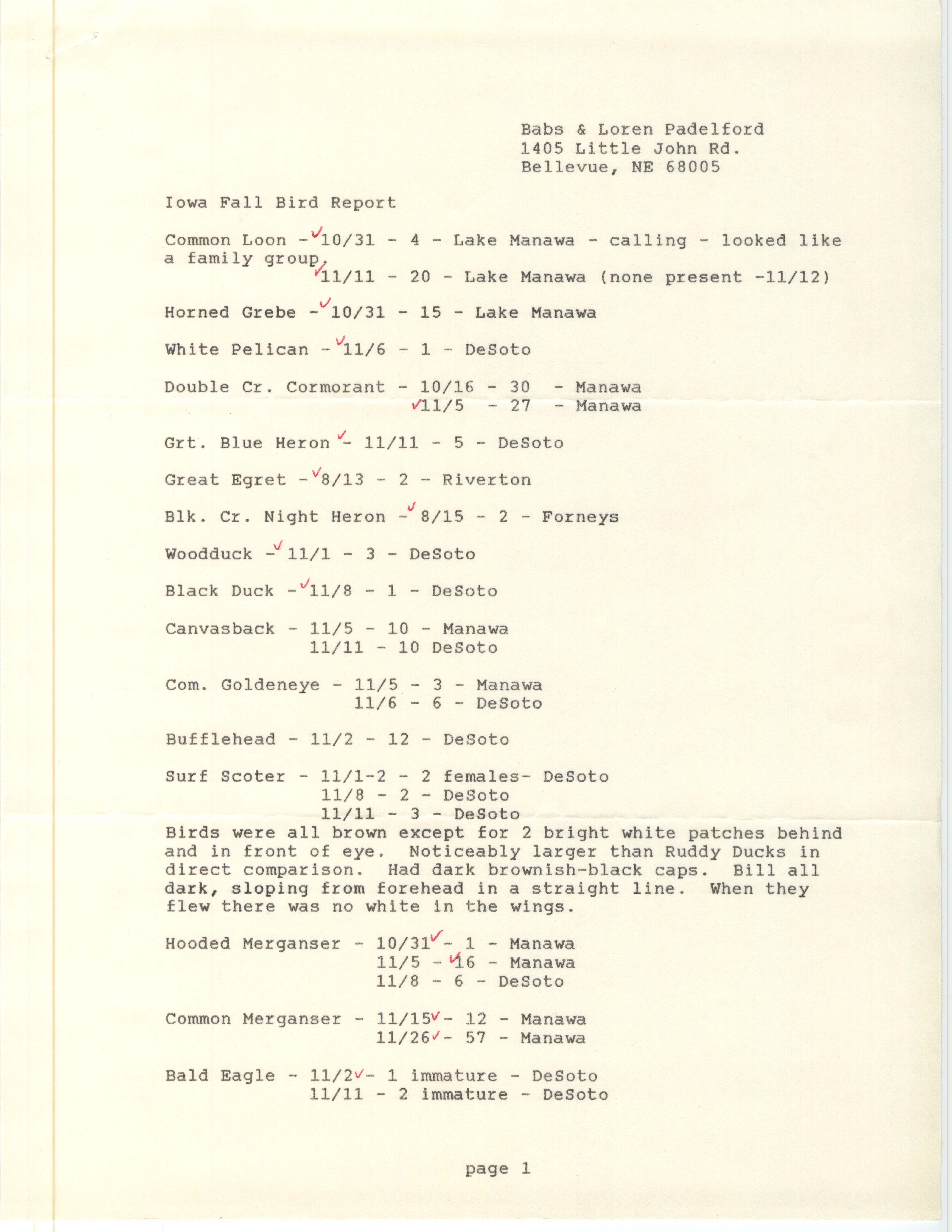 Iowa fall bird report contributed by Babs Padelford and Loren Padelford, fall 1987