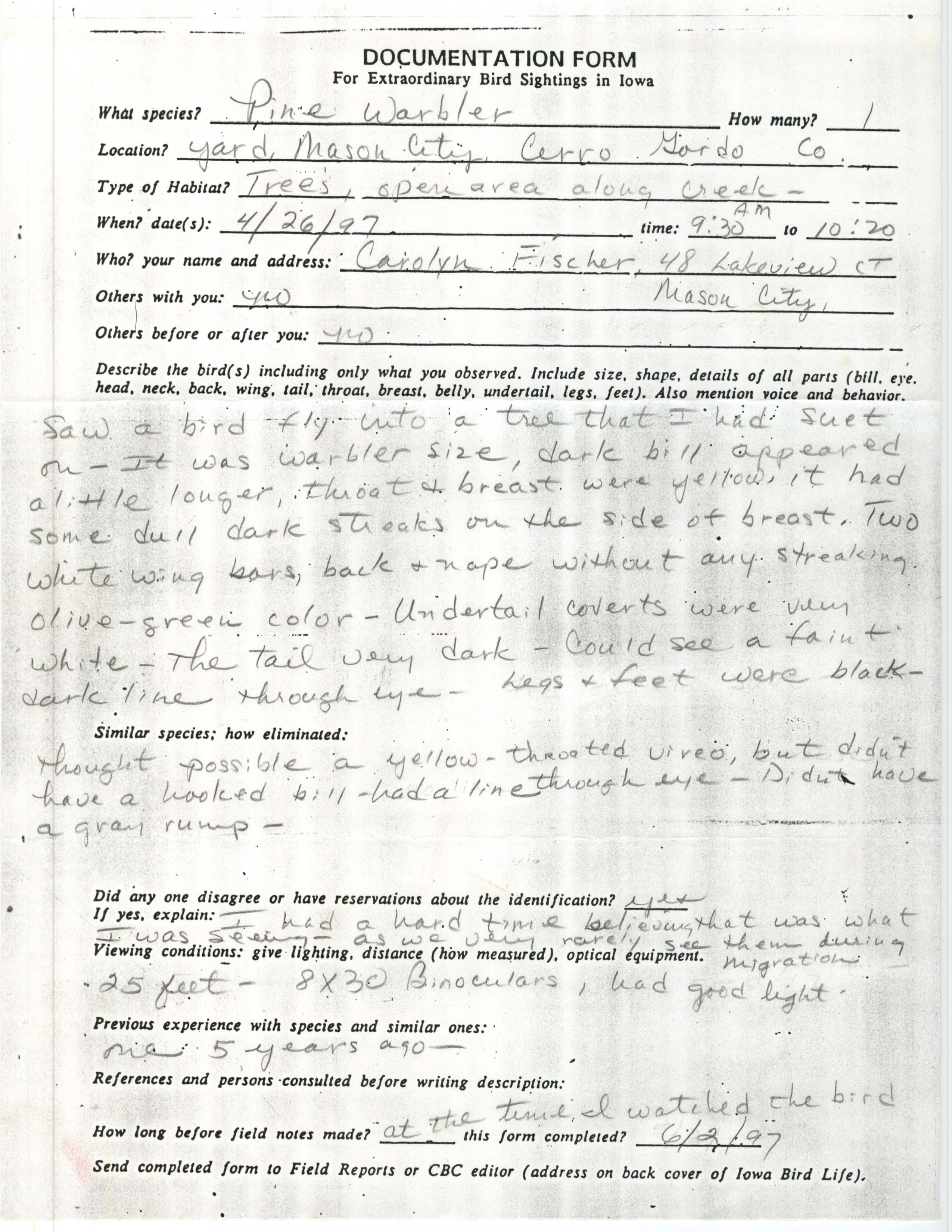 Rare bird documentation form for Pine Warbler at Mason City, 1997